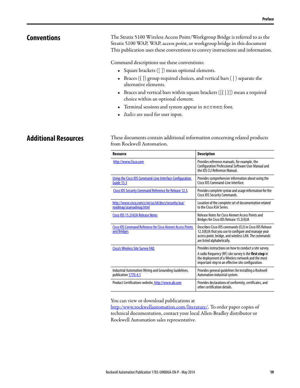 Conventions, Additional resources, Conventions additional resources | Rockwell Automation 1783-WAPxxx Stratix 5100 Wireless Access Point User Manual User Manual | Page 19 / 612