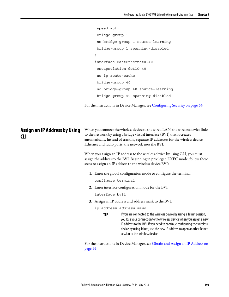 Assign an ip address by using cli | Rockwell Automation 1783-WAPxxx Stratix 5100 Wireless Access Point User Manual User Manual | Page 193 / 612