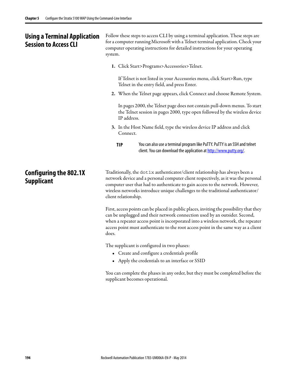 Using a terminal application session to access cli, Configuring the 802.1x supplicant | Rockwell Automation 1783-WAPxxx Stratix 5100 Wireless Access Point User Manual User Manual | Page 194 / 612