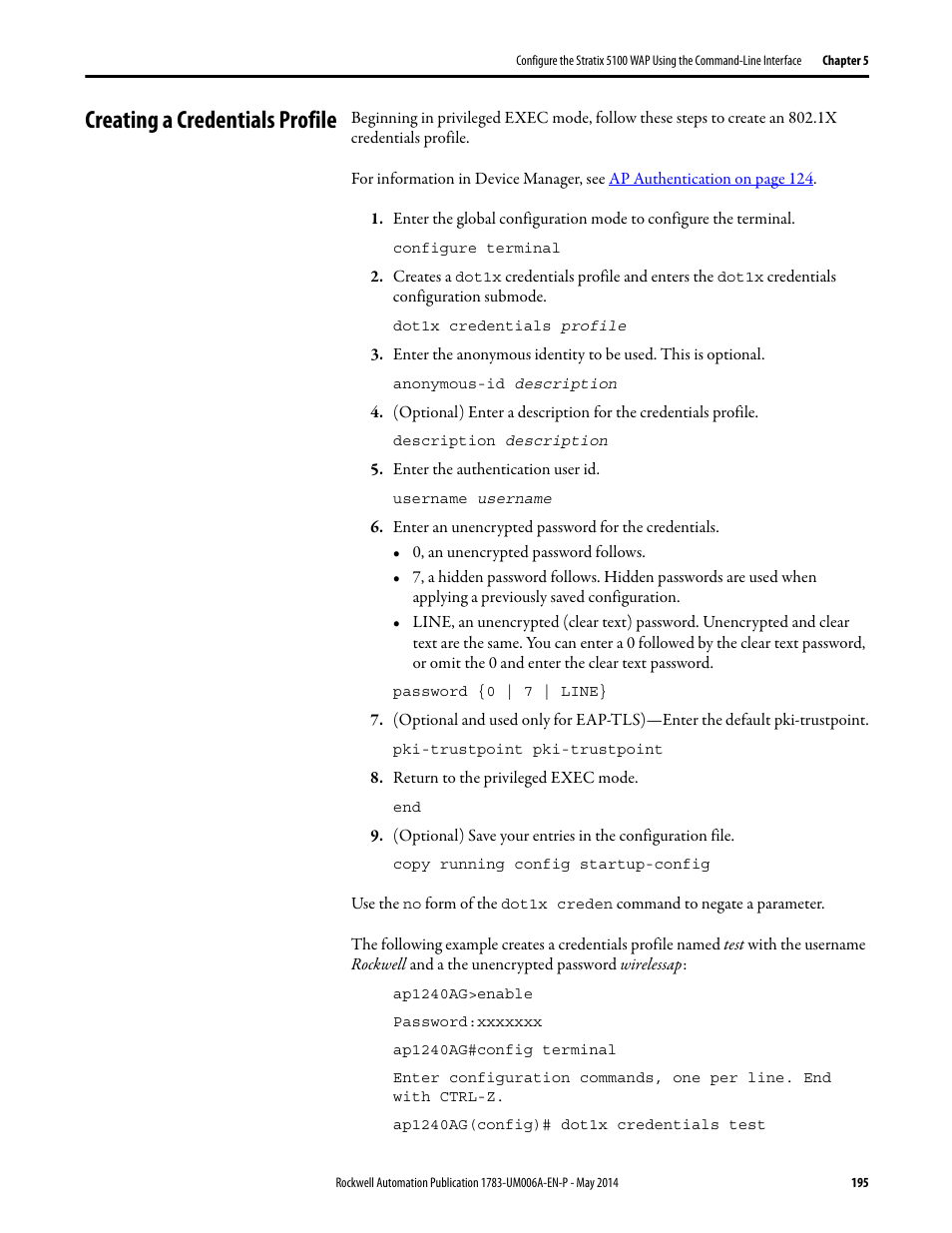 Creating a credentials profile | Rockwell Automation 1783-WAPxxx Stratix 5100 Wireless Access Point User Manual User Manual | Page 195 / 612
