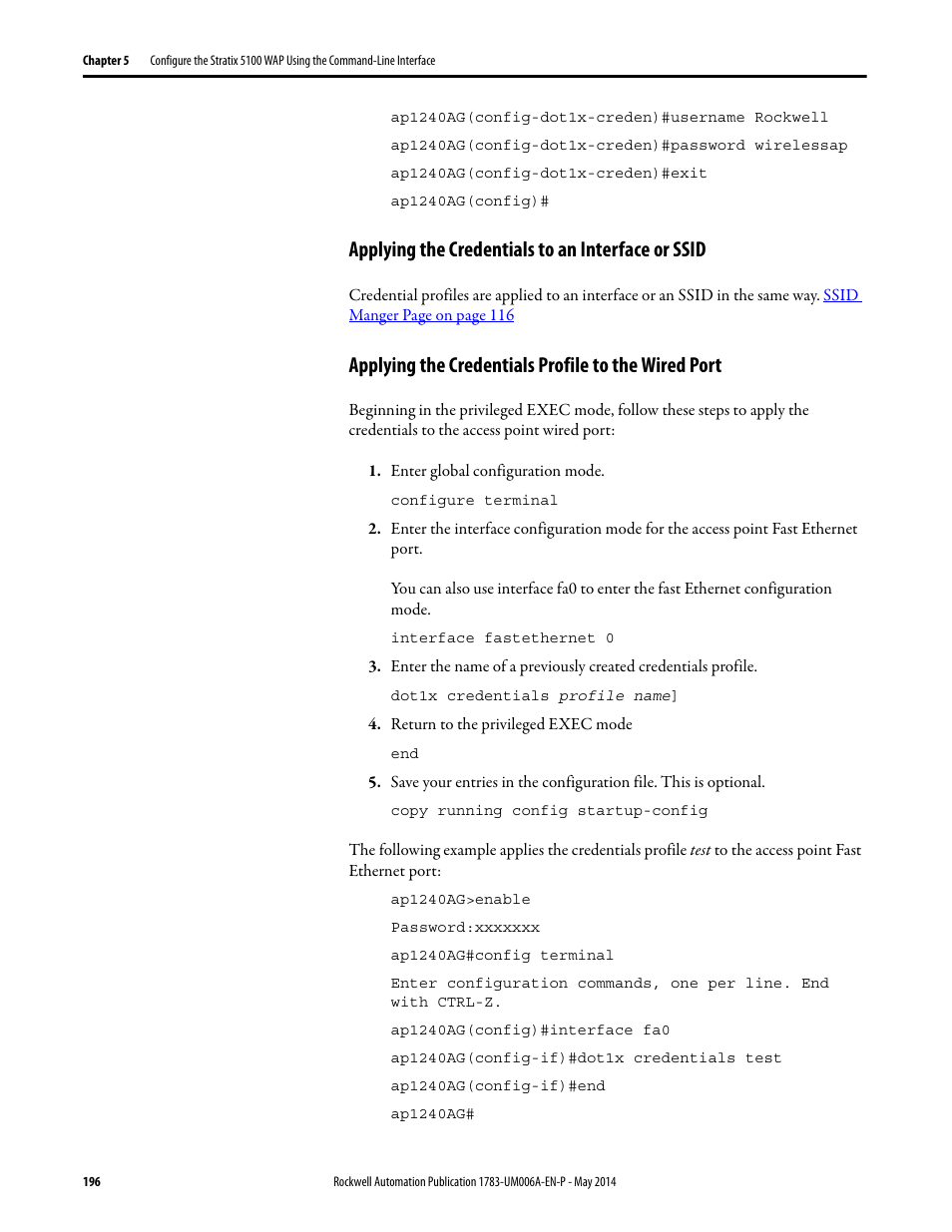 Applying the credentials to an interface or ssid, Applying the credentials profile to the wired port | Rockwell Automation 1783-WAPxxx Stratix 5100 Wireless Access Point User Manual User Manual | Page 196 / 612