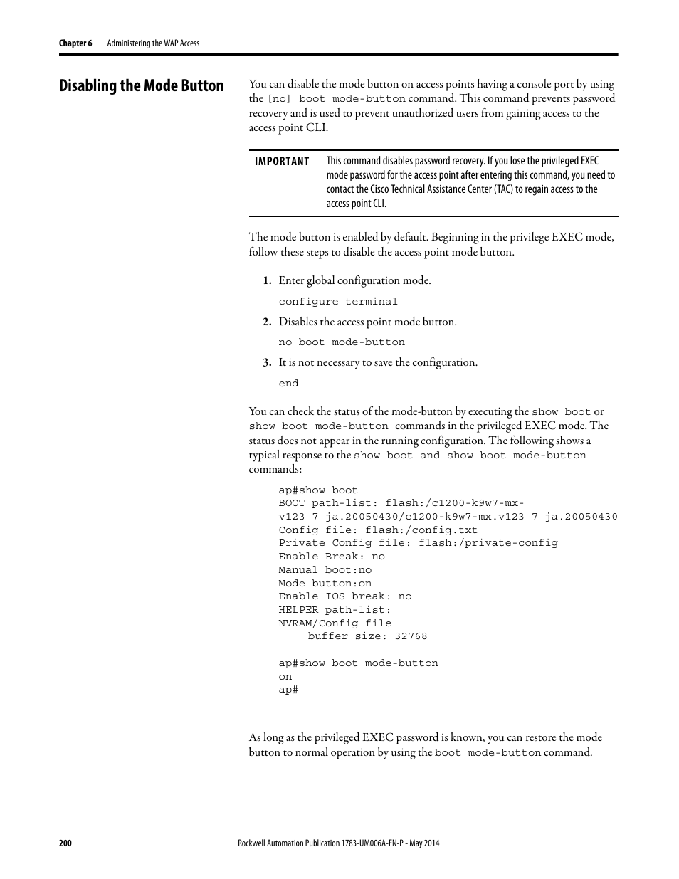 Disabling the mode button | Rockwell Automation 1783-WAPxxx Stratix 5100 Wireless Access Point User Manual User Manual | Page 200 / 612