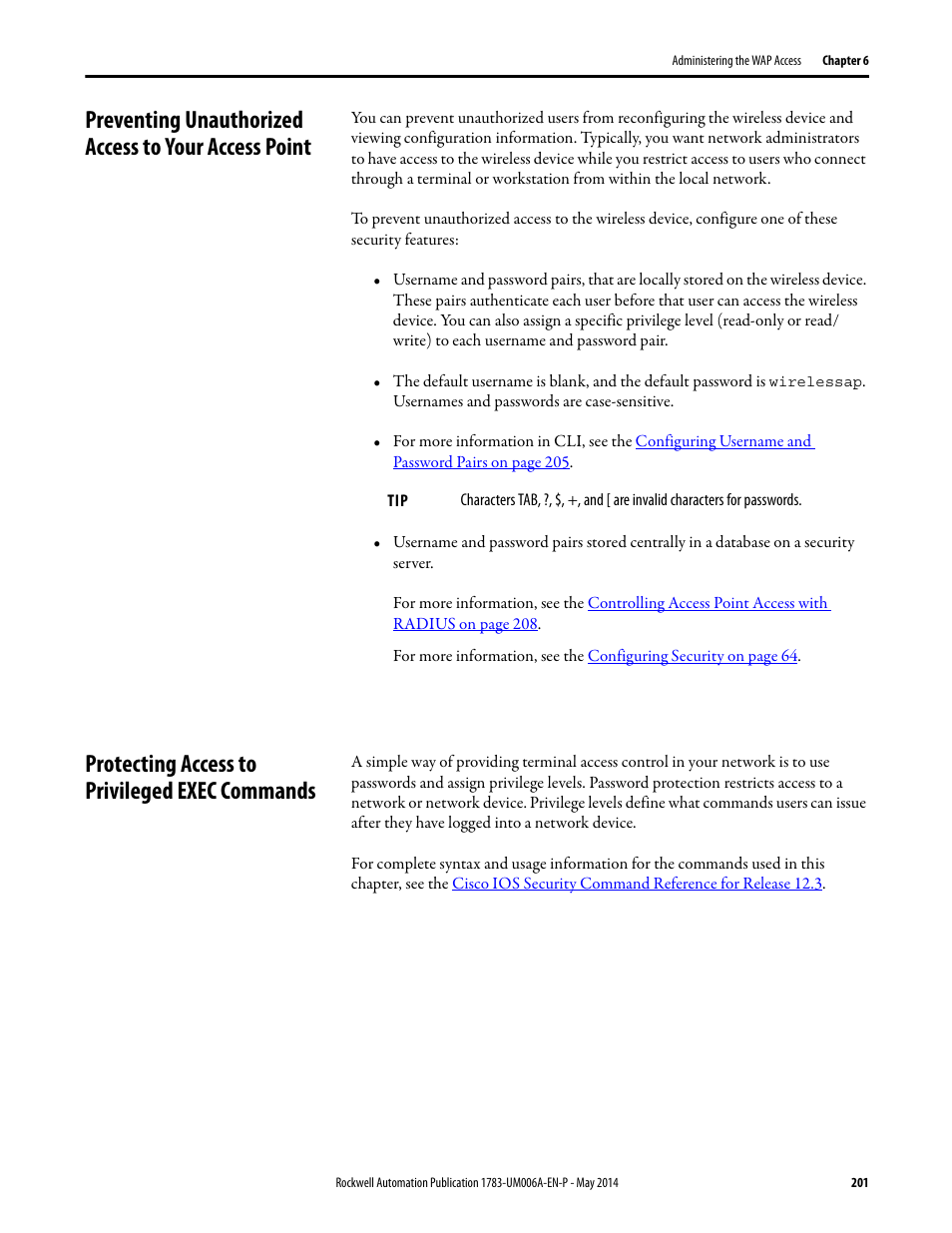 Protecting access to privileged exec commands | Rockwell Automation 1783-WAPxxx Stratix 5100 Wireless Access Point User Manual User Manual | Page 201 / 612