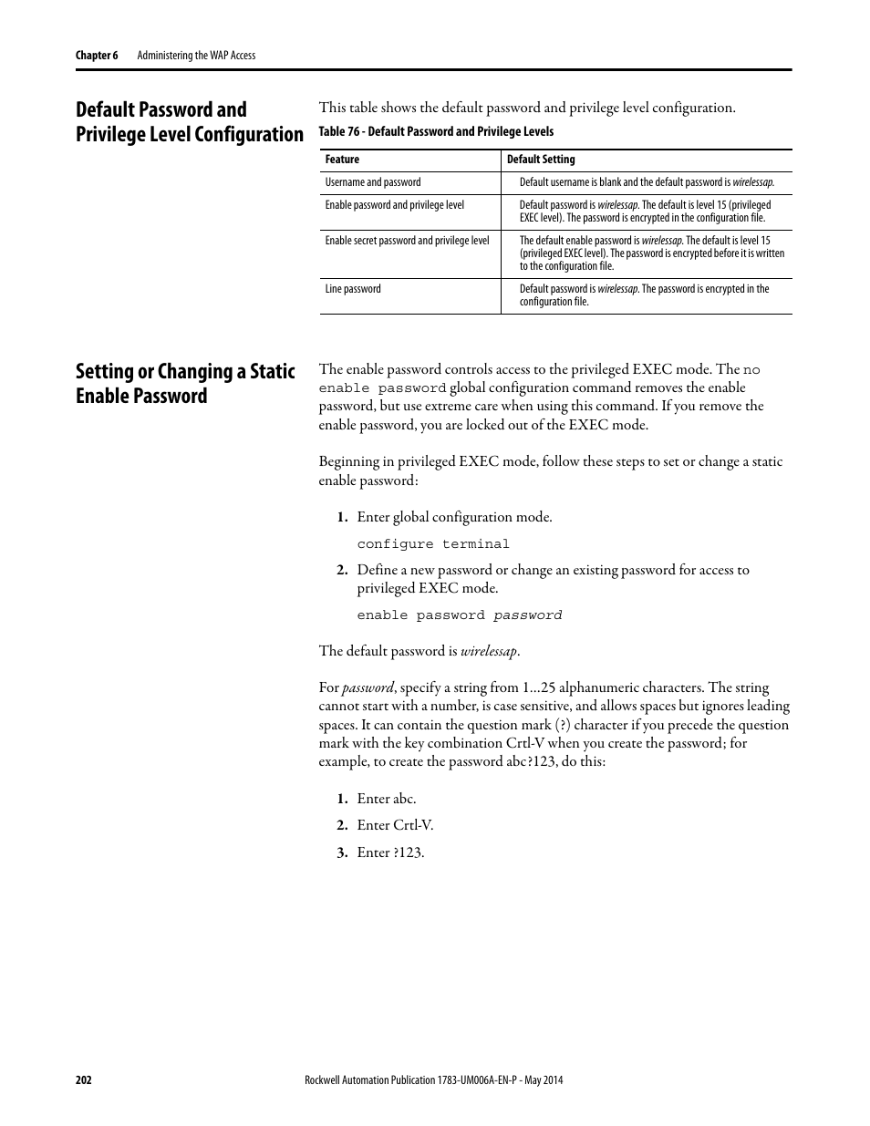 Default password and privilege level configuration, Setting or changing a static enable password | Rockwell Automation 1783-WAPxxx Stratix 5100 Wireless Access Point User Manual User Manual | Page 202 / 612