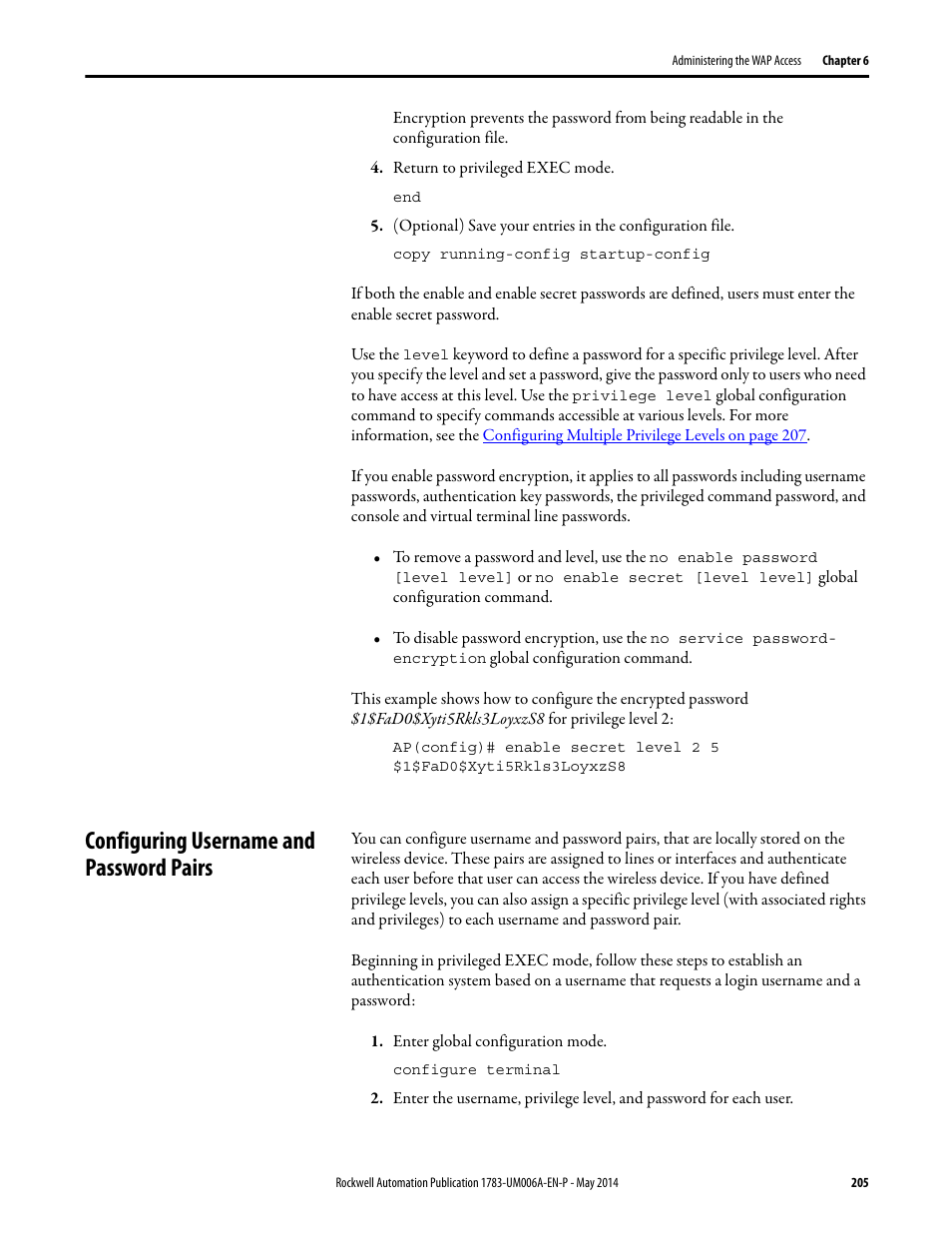 Configuring username and password pairs, Configuring username and | Rockwell Automation 1783-WAPxxx Stratix 5100 Wireless Access Point User Manual User Manual | Page 205 / 612