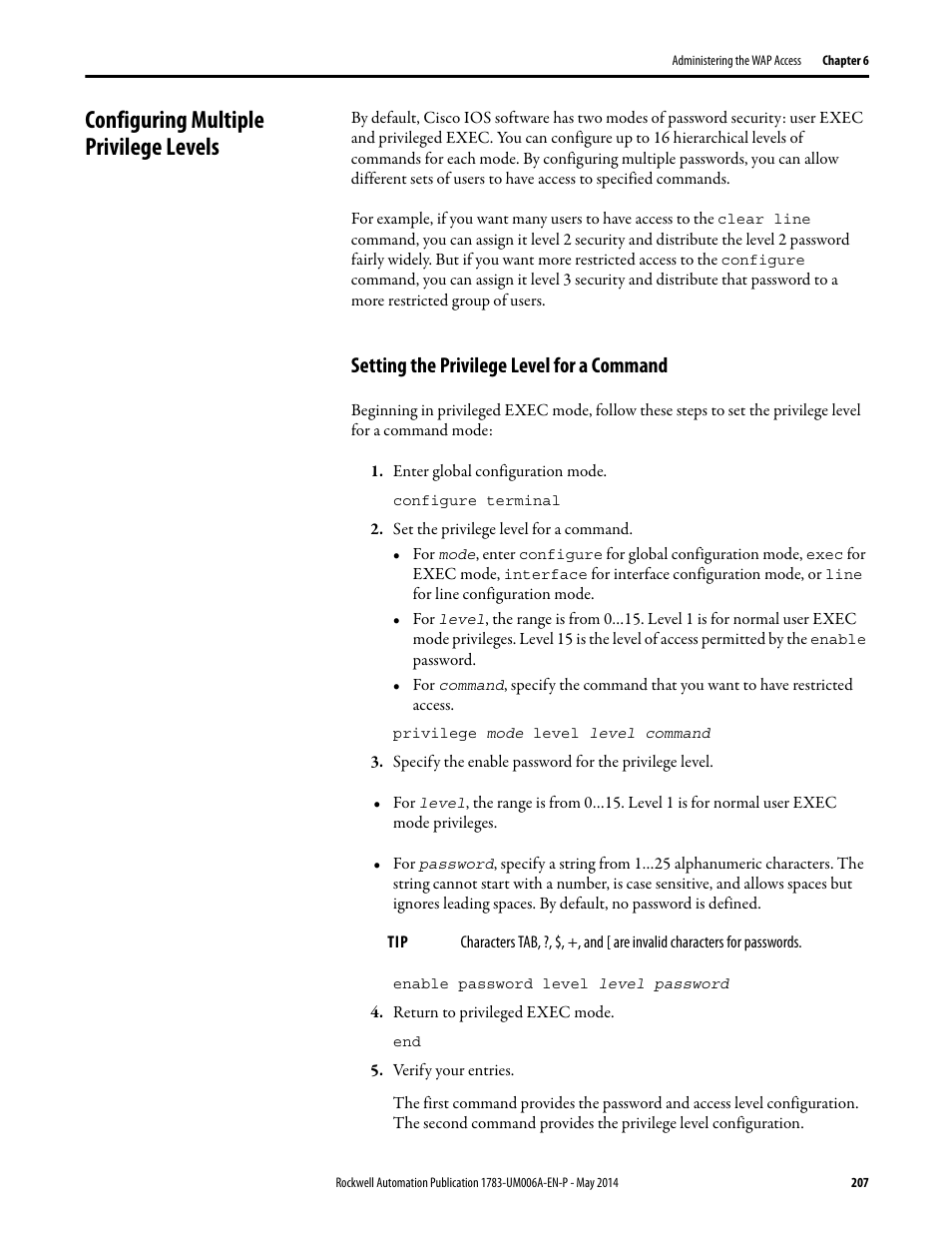 Configuring multiple privilege levels, Setting the privilege level for a command | Rockwell Automation 1783-WAPxxx Stratix 5100 Wireless Access Point User Manual User Manual | Page 207 / 612