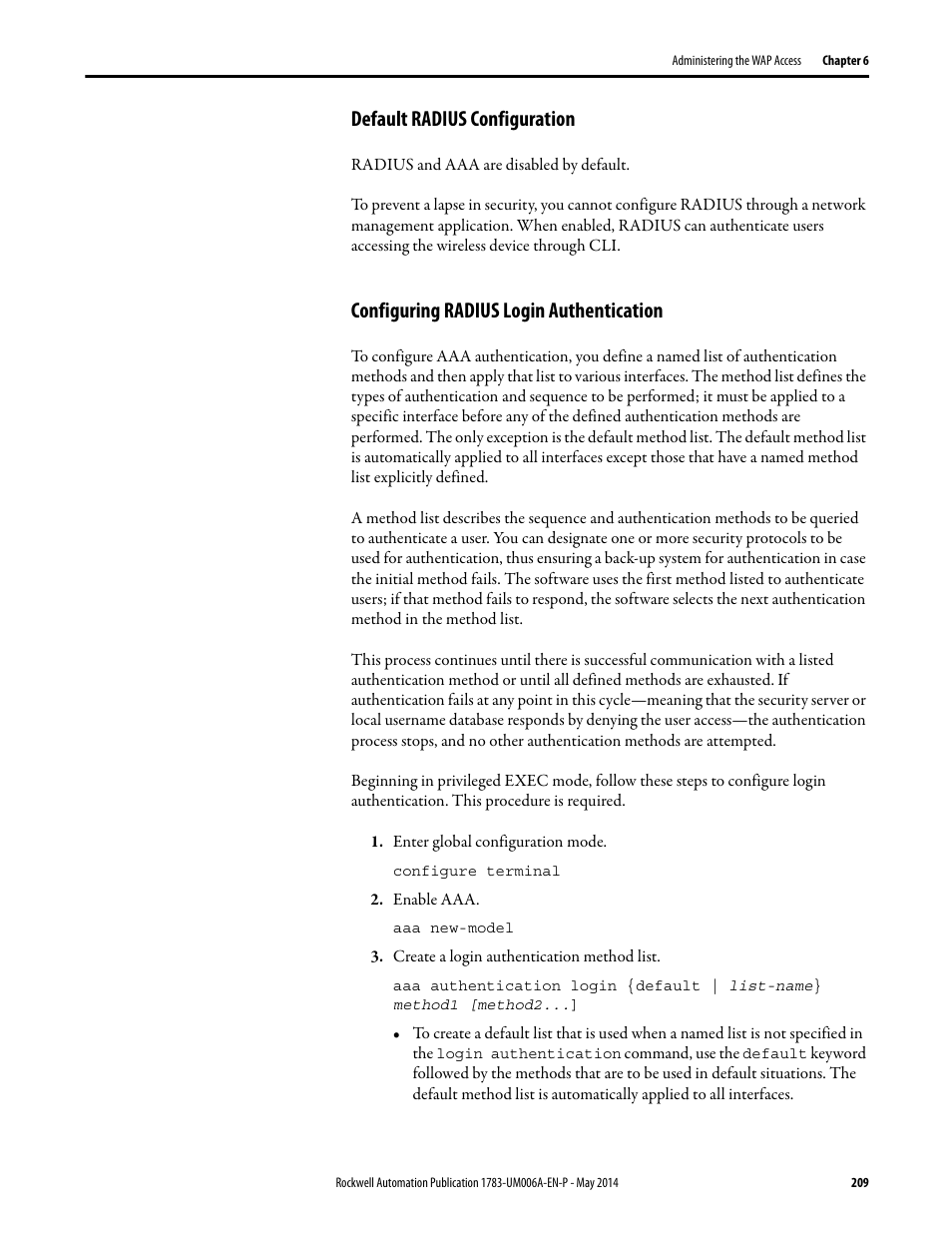 Default radius configuration, Configuring radius login authentication | Rockwell Automation 1783-WAPxxx Stratix 5100 Wireless Access Point User Manual User Manual | Page 209 / 612