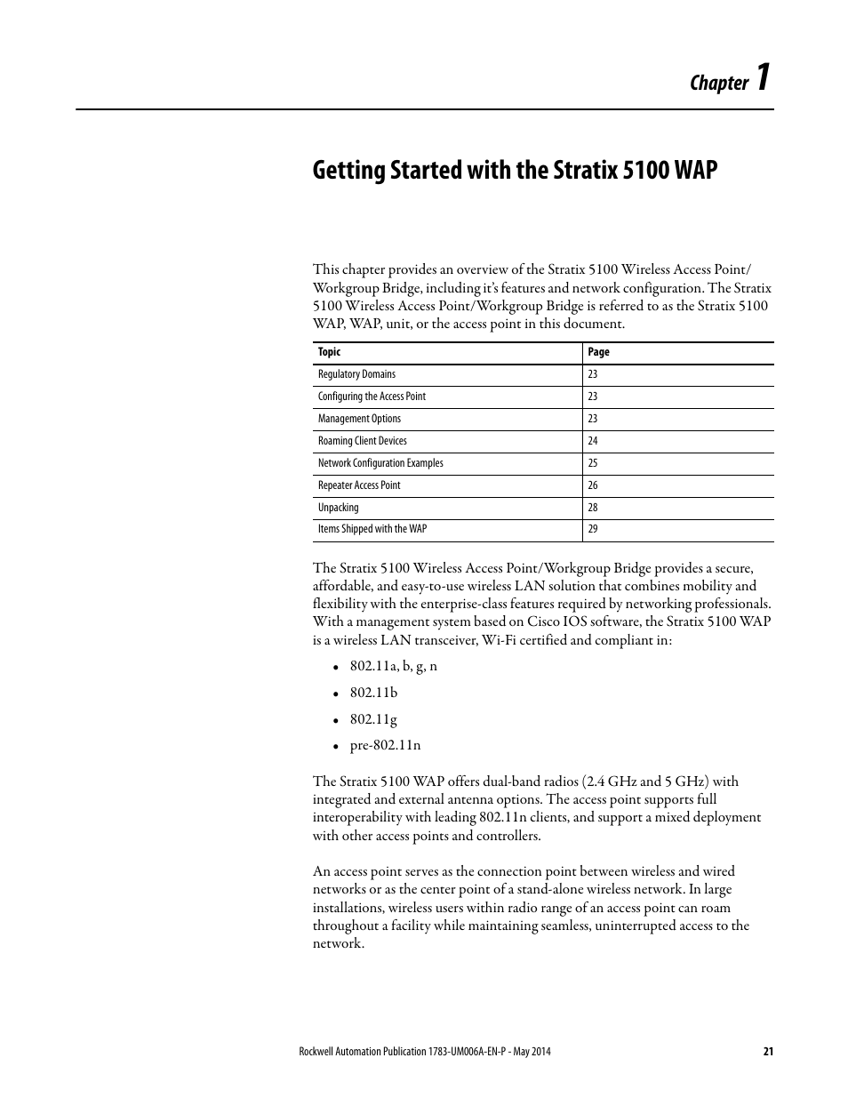 1 - getting started with the stratix 5100 wap, Chapter 1, Getting started with the stratix 5100 wap | Chapter | Rockwell Automation 1783-WAPxxx Stratix 5100 Wireless Access Point User Manual User Manual | Page 21 / 612