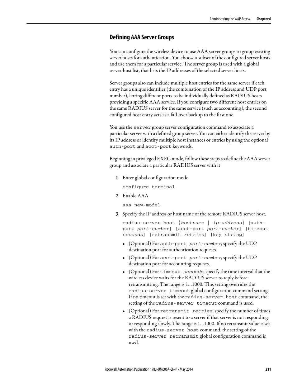 Defining aaa server groups | Rockwell Automation 1783-WAPxxx Stratix 5100 Wireless Access Point User Manual User Manual | Page 211 / 612