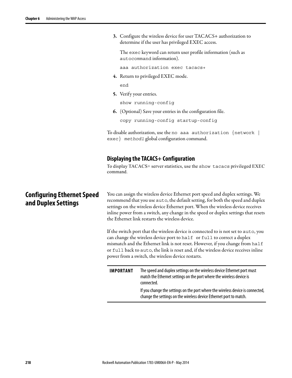 Displaying the tacacs+ configuration, Configuring ethernet speed and duplex settings | Rockwell Automation 1783-WAPxxx Stratix 5100 Wireless Access Point User Manual User Manual | Page 218 / 612