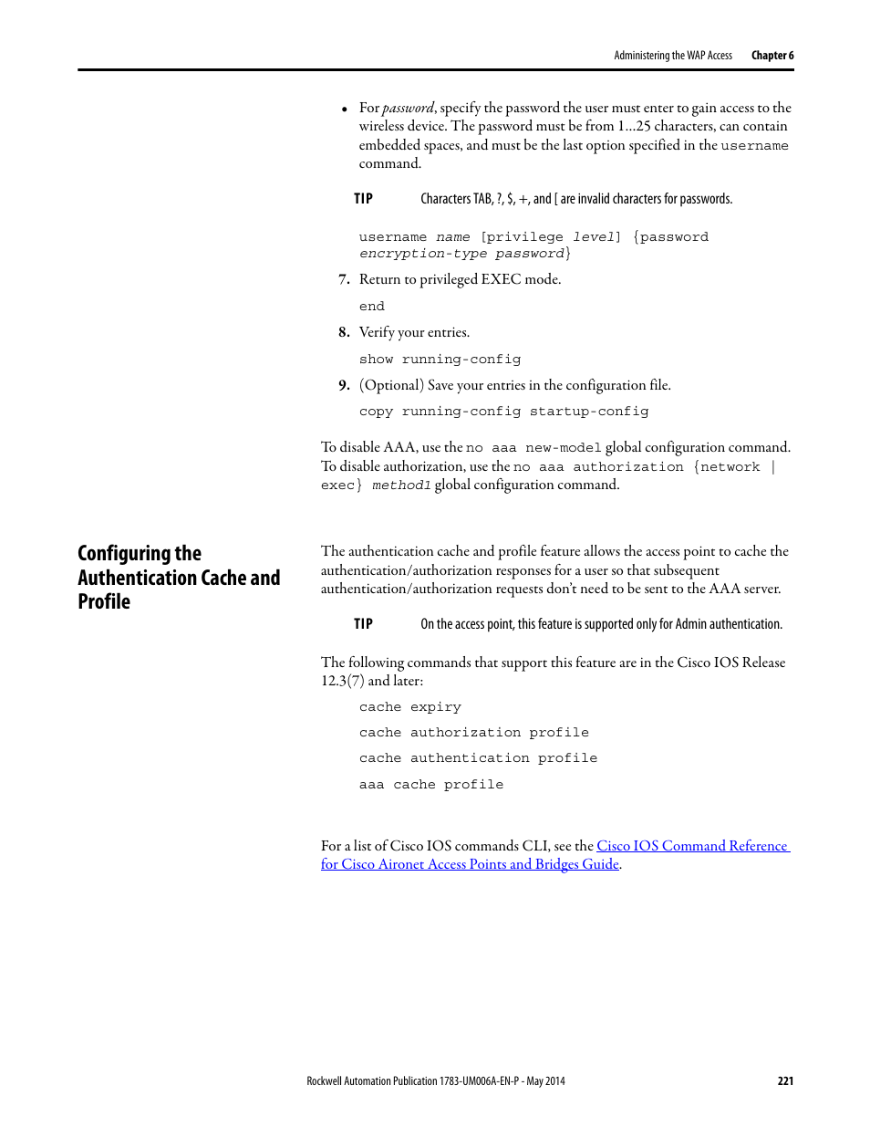 Configuring the authentication cache and profile | Rockwell Automation 1783-WAPxxx Stratix 5100 Wireless Access Point User Manual User Manual | Page 221 / 612