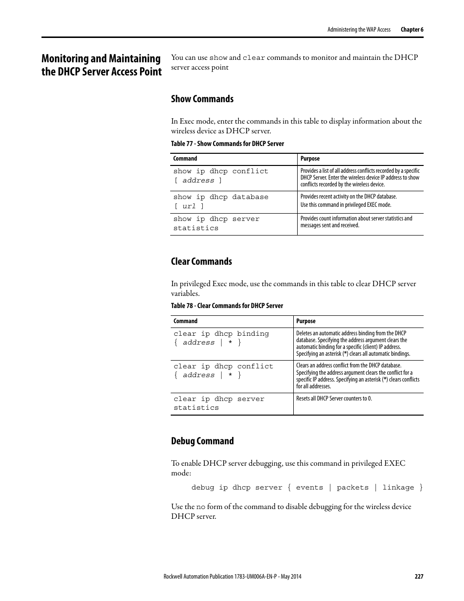 Show commands, Clear commands, Debug command | Show commands clear commands debug command | Rockwell Automation 1783-WAPxxx Stratix 5100 Wireless Access Point User Manual User Manual | Page 227 / 612