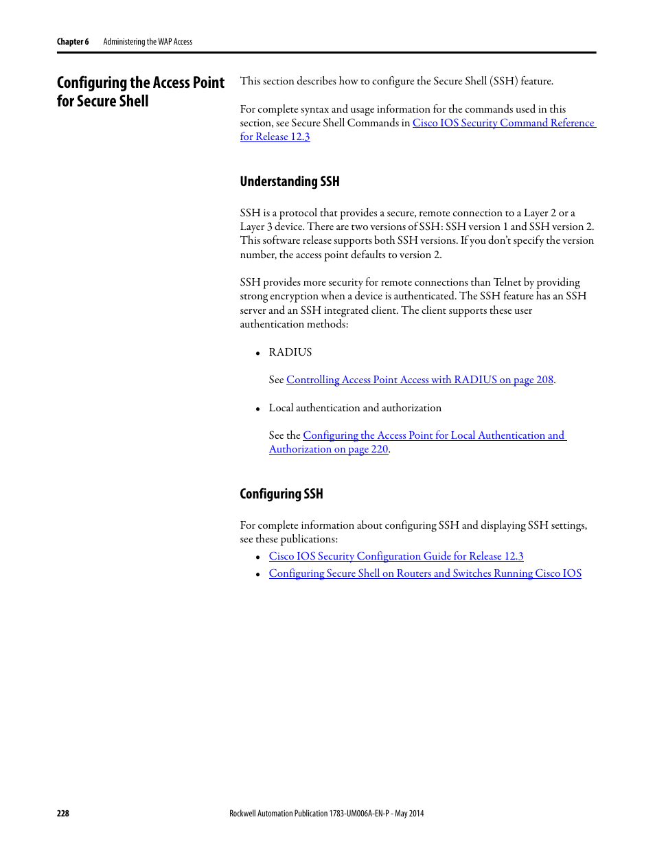 Configuring the access point for secure shell, Understanding ssh, Configuring ssh | Understanding ssh configuring ssh | Rockwell Automation 1783-WAPxxx Stratix 5100 Wireless Access Point User Manual User Manual | Page 228 / 612