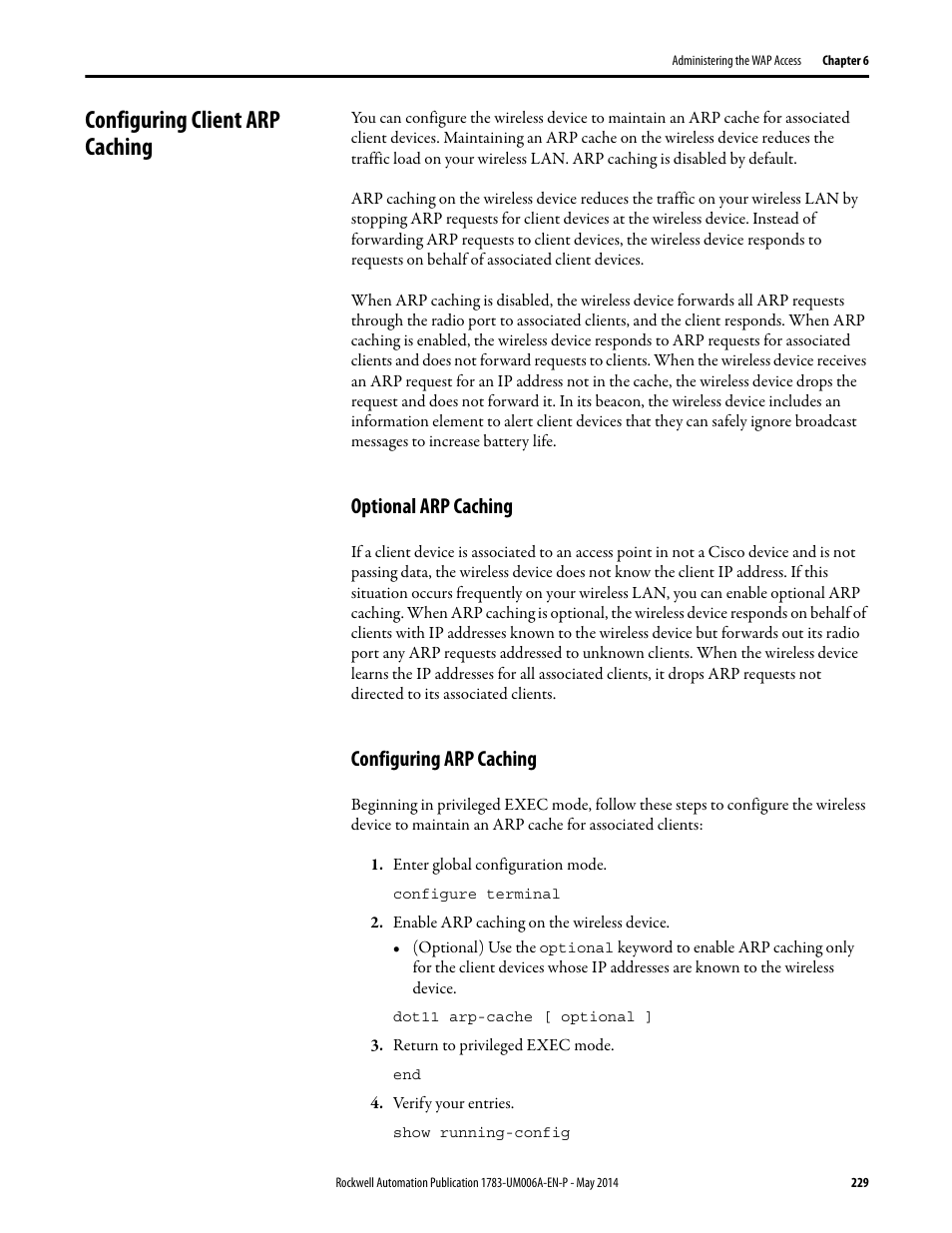 Configuring client arp caching, Optional arp caching, Configuring arp caching | Optional arp caching configuring arp caching | Rockwell Automation 1783-WAPxxx Stratix 5100 Wireless Access Point User Manual User Manual | Page 229 / 612