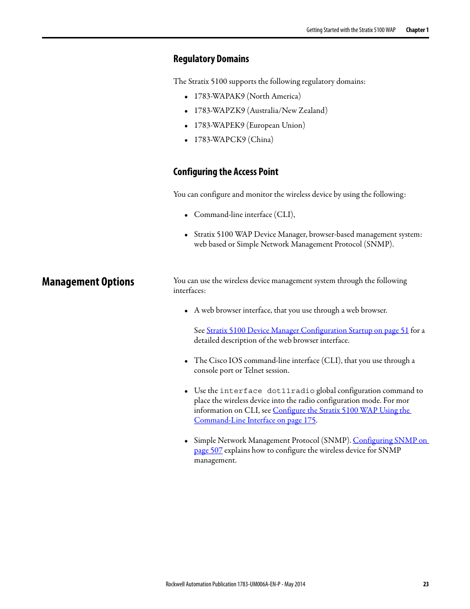 Regulatory domains, Configuring the access point, Management options | Regulatory domains configuring the access point | Rockwell Automation 1783-WAPxxx Stratix 5100 Wireless Access Point User Manual User Manual | Page 23 / 612