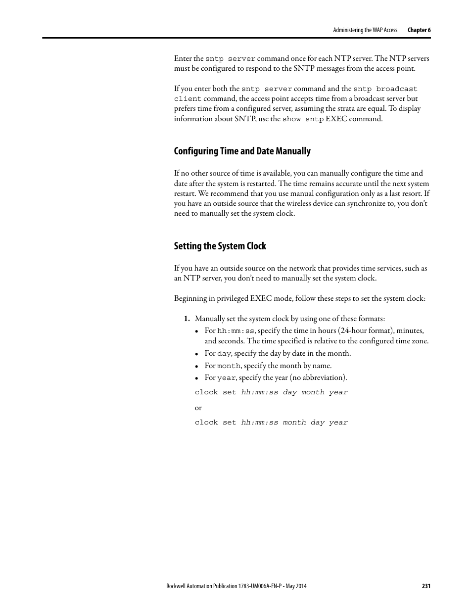 Configuring time and date manually, Setting the system clock | Rockwell Automation 1783-WAPxxx Stratix 5100 Wireless Access Point User Manual User Manual | Page 231 / 612