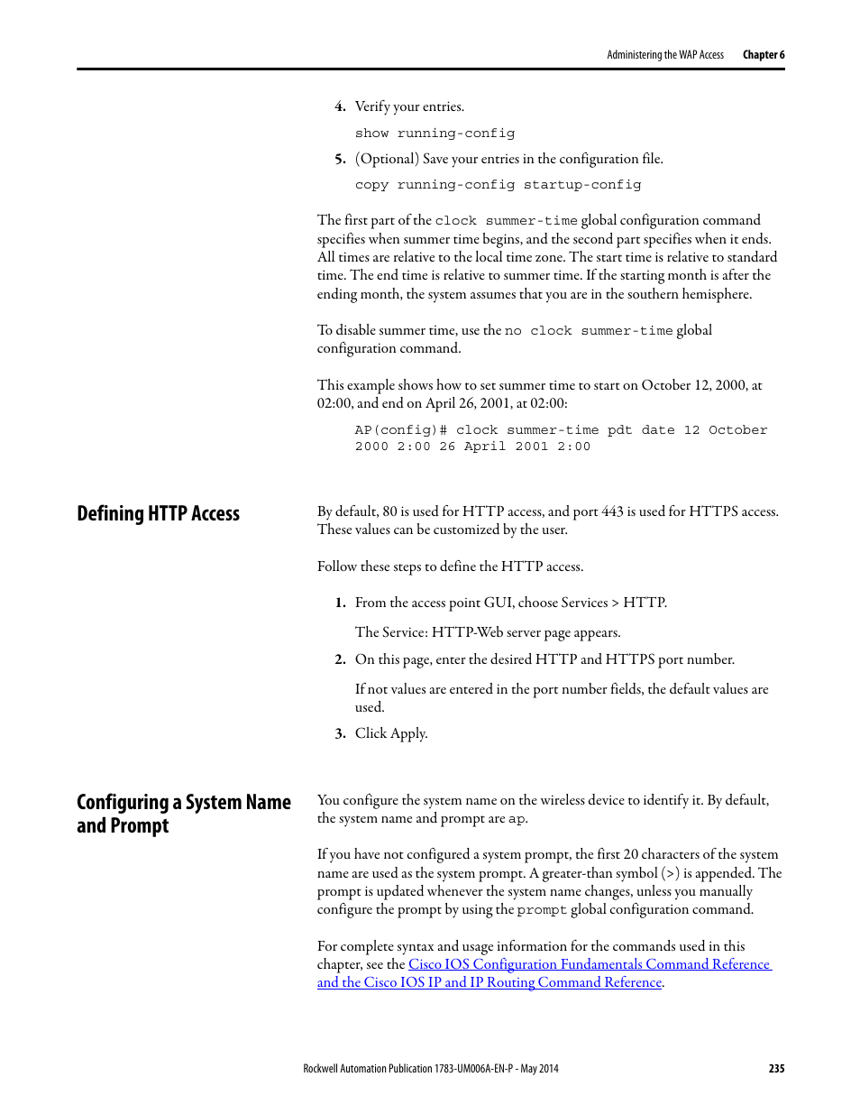 Defining http access, Configuring a system name and prompt | Rockwell Automation 1783-WAPxxx Stratix 5100 Wireless Access Point User Manual User Manual | Page 235 / 612