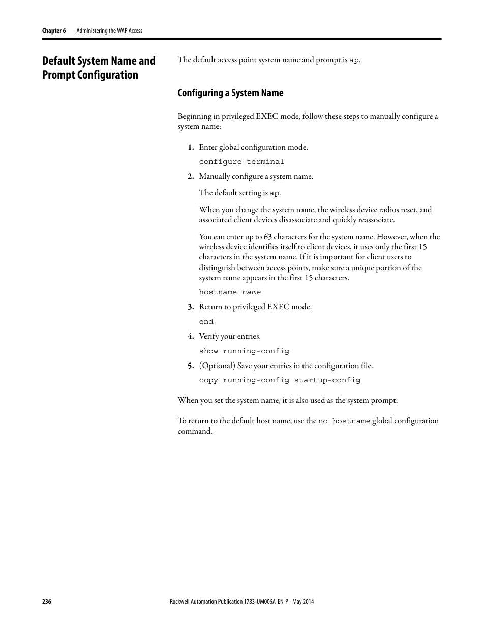 Default system name and prompt configuration, Configuring a system name | Rockwell Automation 1783-WAPxxx Stratix 5100 Wireless Access Point User Manual User Manual | Page 236 / 612