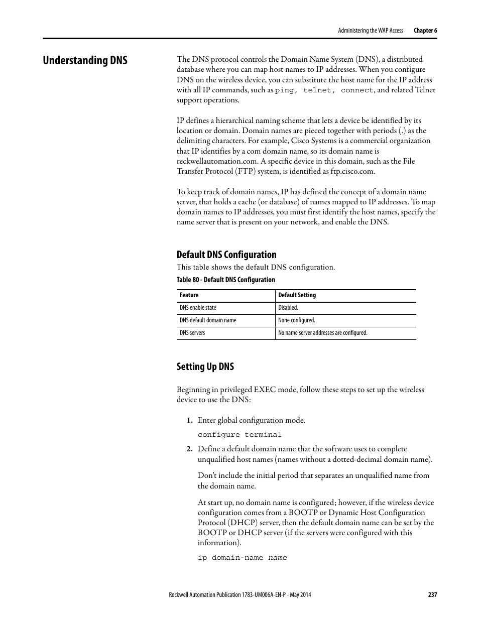 Understanding dns, Default dns configuration, Setting up dns | Default dns configuration setting up dns | Rockwell Automation 1783-WAPxxx Stratix 5100 Wireless Access Point User Manual User Manual | Page 237 / 612