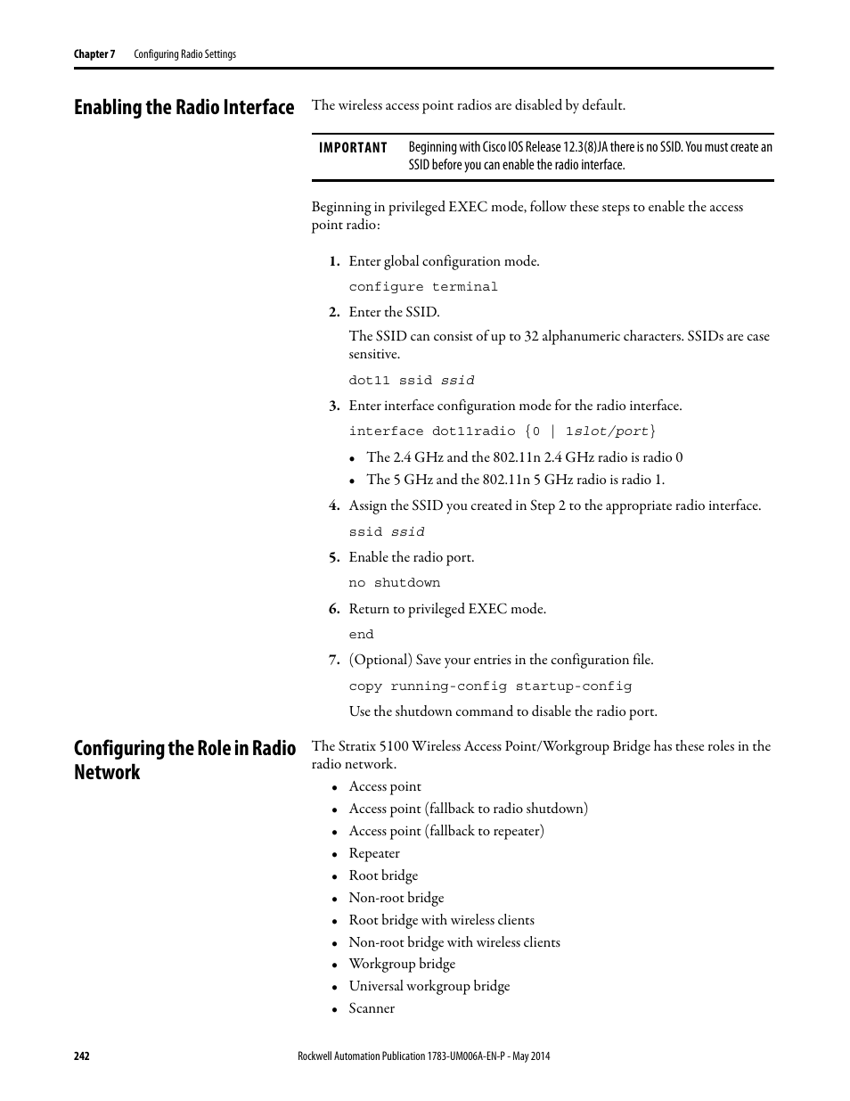 Enabling the radio interface, Configuring the role in radio network | Rockwell Automation 1783-WAPxxx Stratix 5100 Wireless Access Point User Manual User Manual | Page 242 / 612