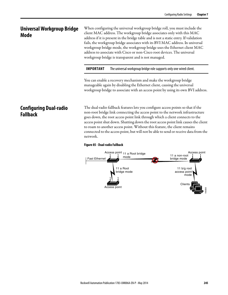 Universal workgroup bridge mode, Configuring dual-radio fallback | Rockwell Automation 1783-WAPxxx Stratix 5100 Wireless Access Point User Manual User Manual | Page 245 / 612