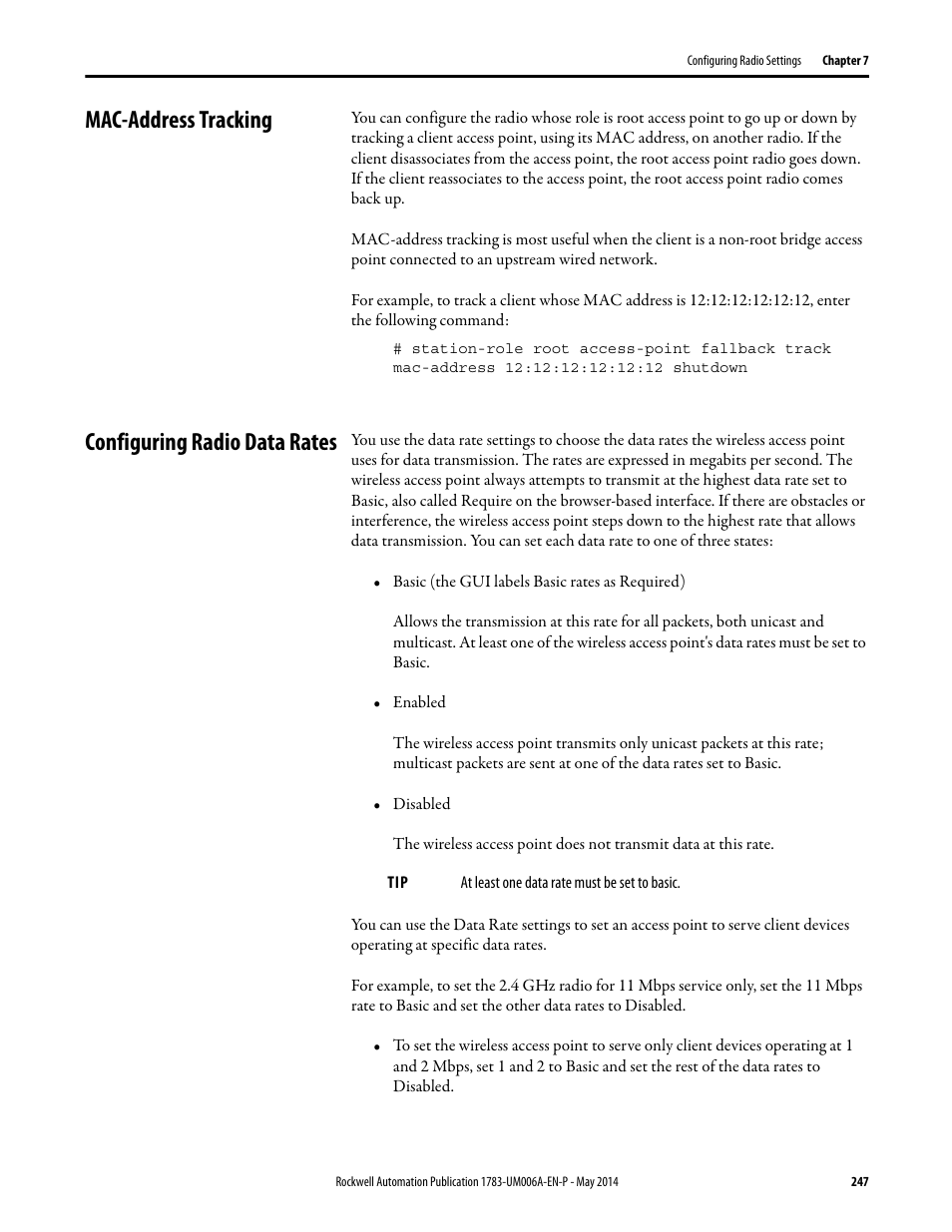 Mac-address tracking, Configuring radio data rates, Mac-address tracking configuring radio data rates | Rockwell Automation 1783-WAPxxx Stratix 5100 Wireless Access Point User Manual User Manual | Page 247 / 612