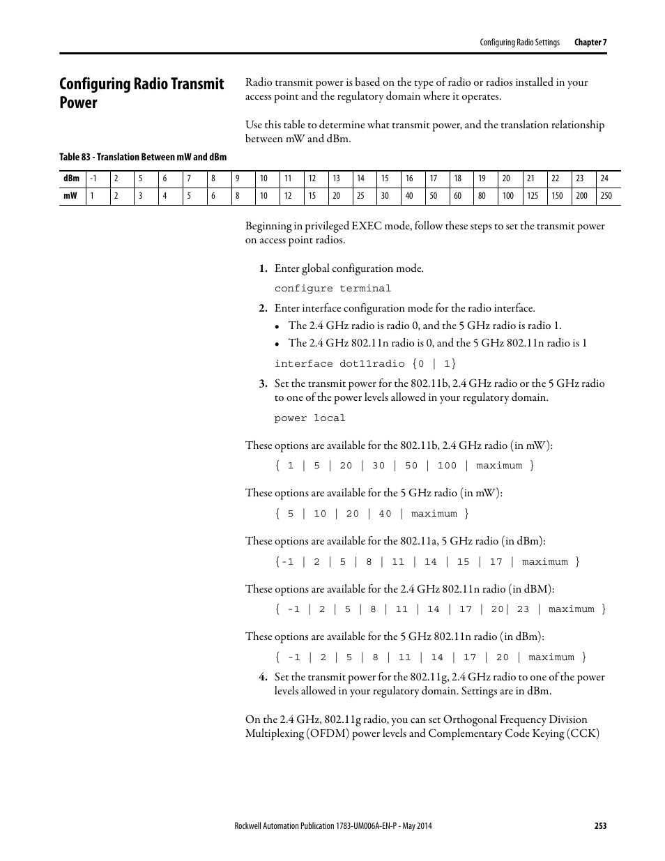Configuring radio transmit power | Rockwell Automation 1783-WAPxxx Stratix 5100 Wireless Access Point User Manual User Manual | Page 253 / 612