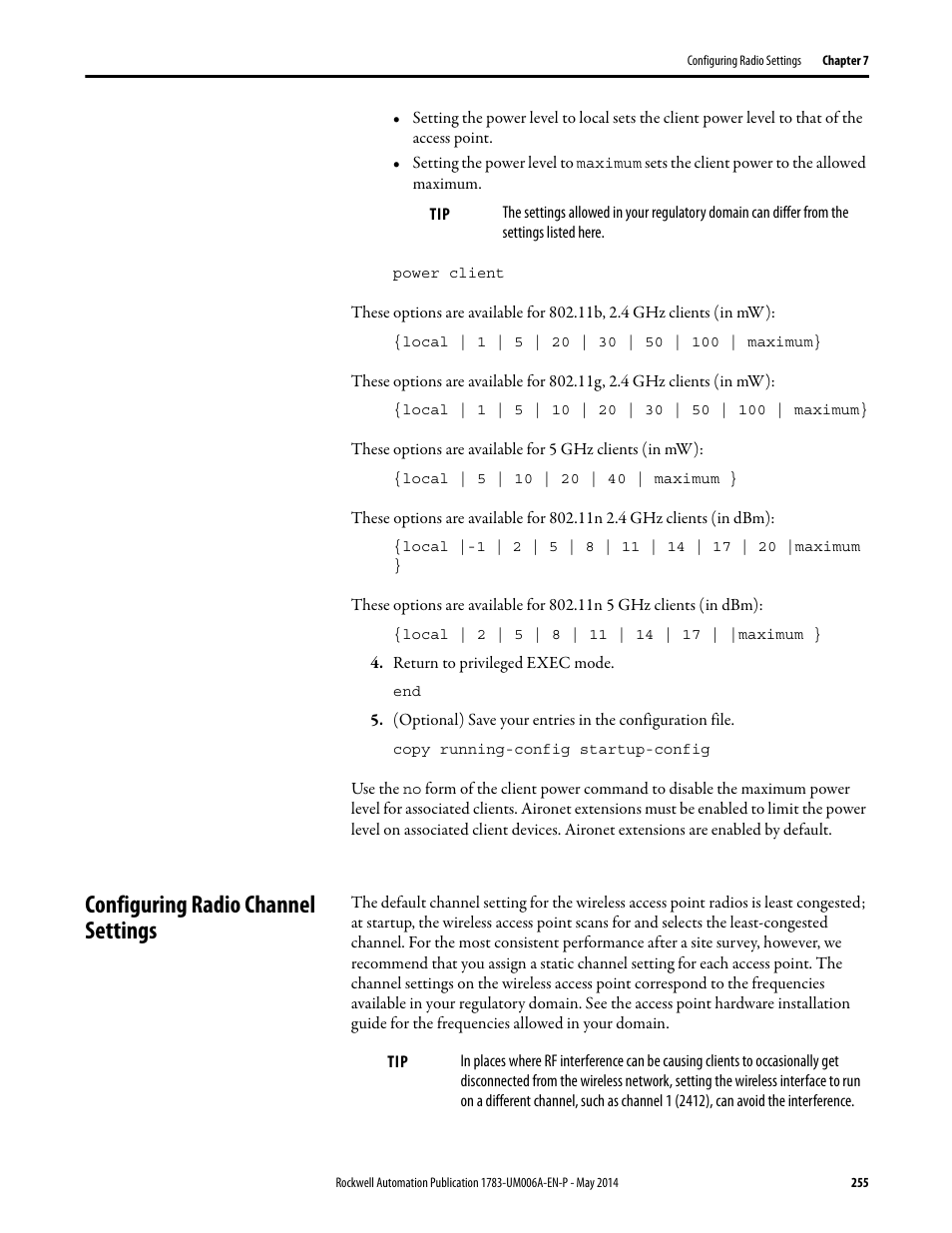 Configuring radio channel settings | Rockwell Automation 1783-WAPxxx Stratix 5100 Wireless Access Point User Manual User Manual | Page 255 / 612