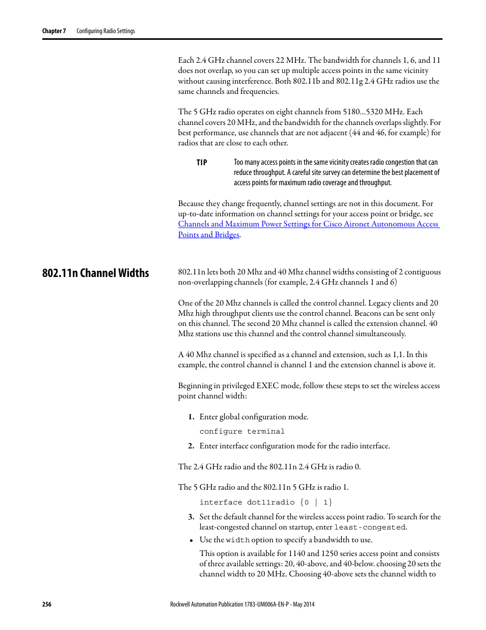 11n channel widths | Rockwell Automation 1783-WAPxxx Stratix 5100 Wireless Access Point User Manual User Manual | Page 256 / 612