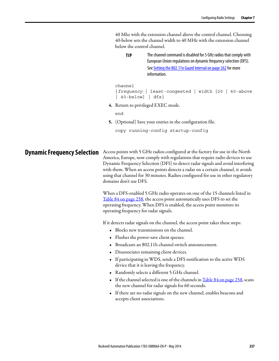 Dynamic frequency selection | Rockwell Automation 1783-WAPxxx Stratix 5100 Wireless Access Point User Manual User Manual | Page 257 / 612