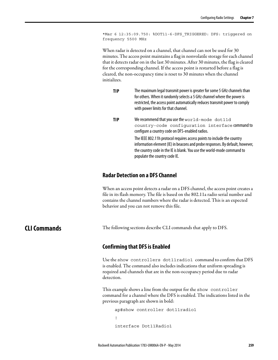 Radar detection on a dfs channel, Cli commands, Confirming that dfs is enabled | Rockwell Automation 1783-WAPxxx Stratix 5100 Wireless Access Point User Manual User Manual | Page 259 / 612