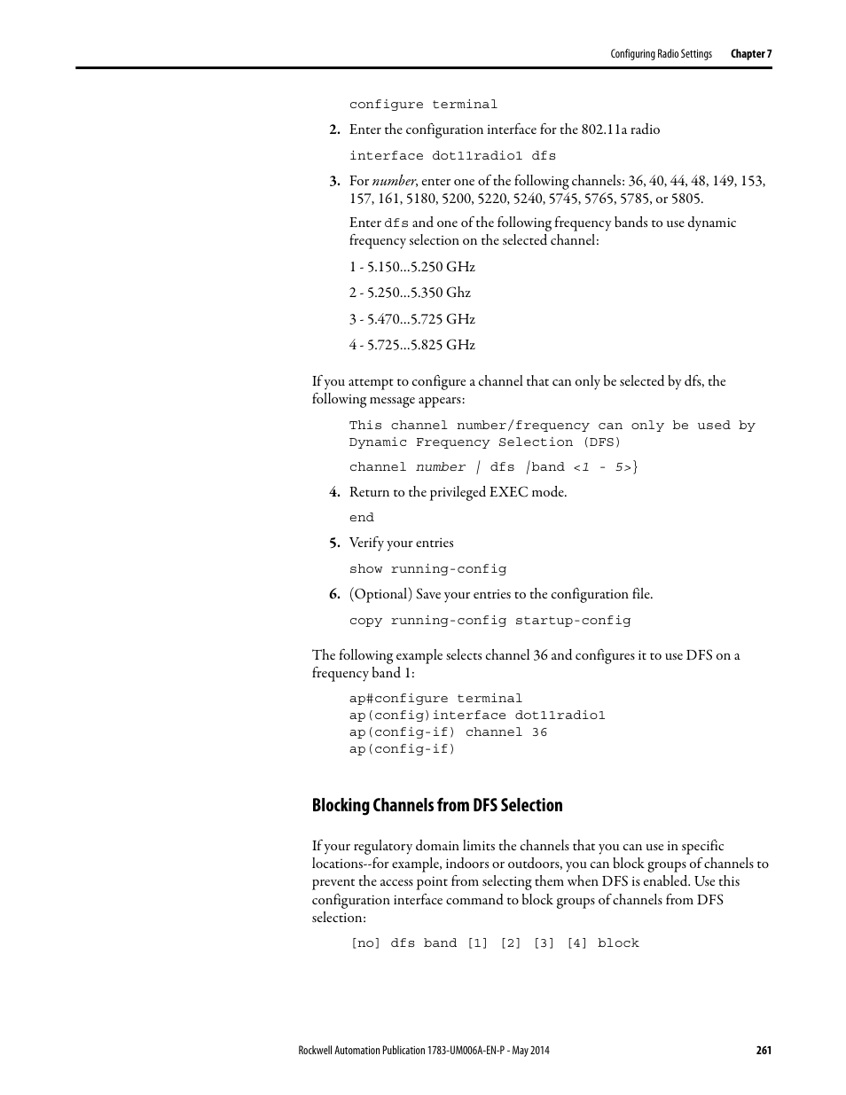 Blocking channels from dfs selection | Rockwell Automation 1783-WAPxxx Stratix 5100 Wireless Access Point User Manual User Manual | Page 261 / 612