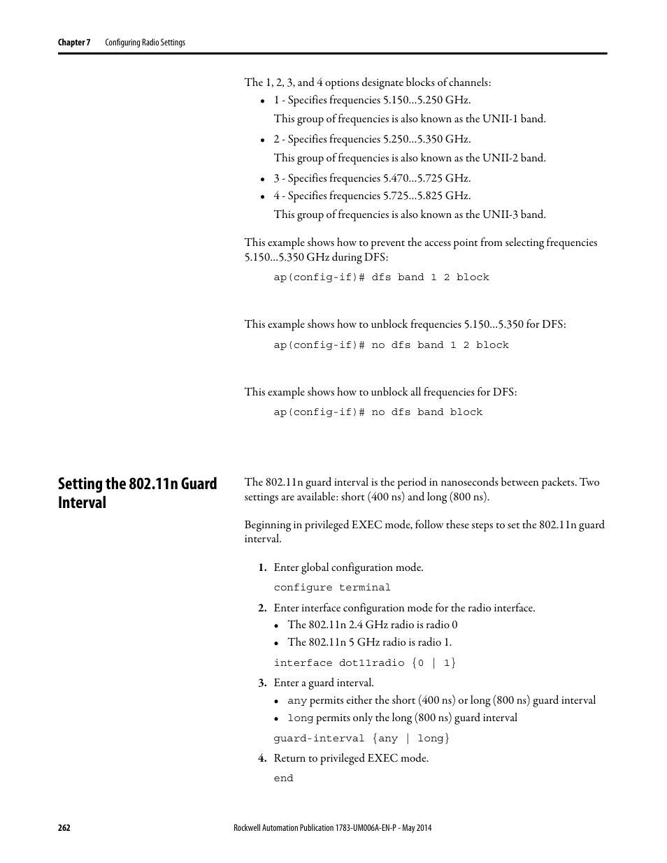 Setting the 802.11n guard interval | Rockwell Automation 1783-WAPxxx Stratix 5100 Wireless Access Point User Manual User Manual | Page 262 / 612