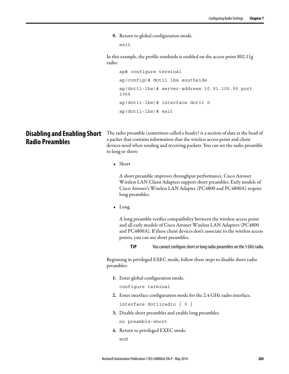 Disabling and enabling short radio preambles | Rockwell Automation 1783-WAPxxx Stratix 5100 Wireless Access Point User Manual User Manual | Page 265 / 612