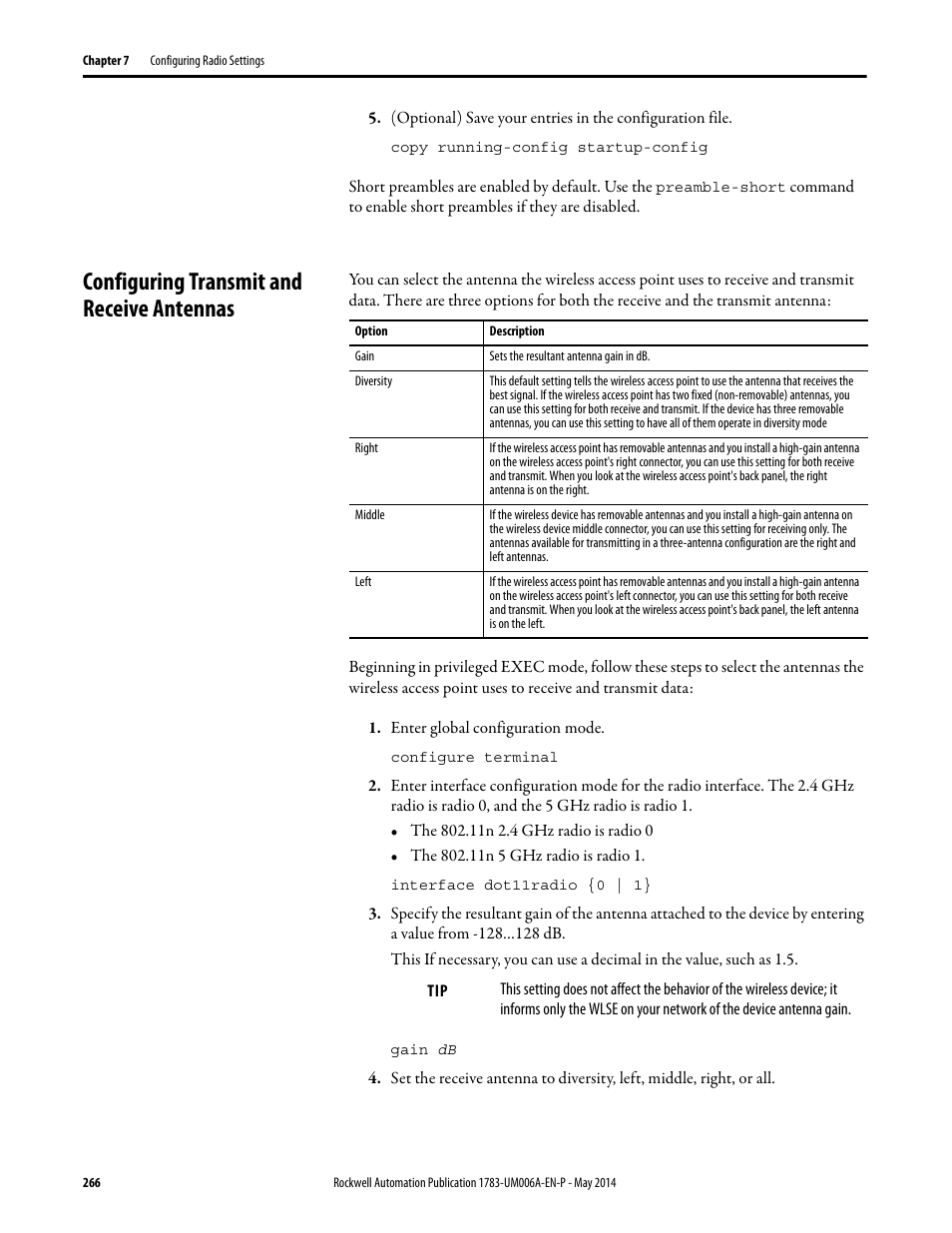 Configuring transmit and receive antennas | Rockwell Automation 1783-WAPxxx Stratix 5100 Wireless Access Point User Manual User Manual | Page 266 / 612