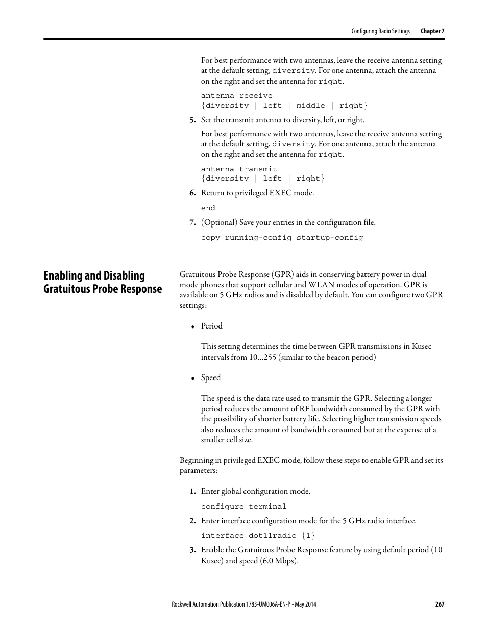 Enabling and disabling gratuitous probe response | Rockwell Automation 1783-WAPxxx Stratix 5100 Wireless Access Point User Manual User Manual | Page 267 / 612