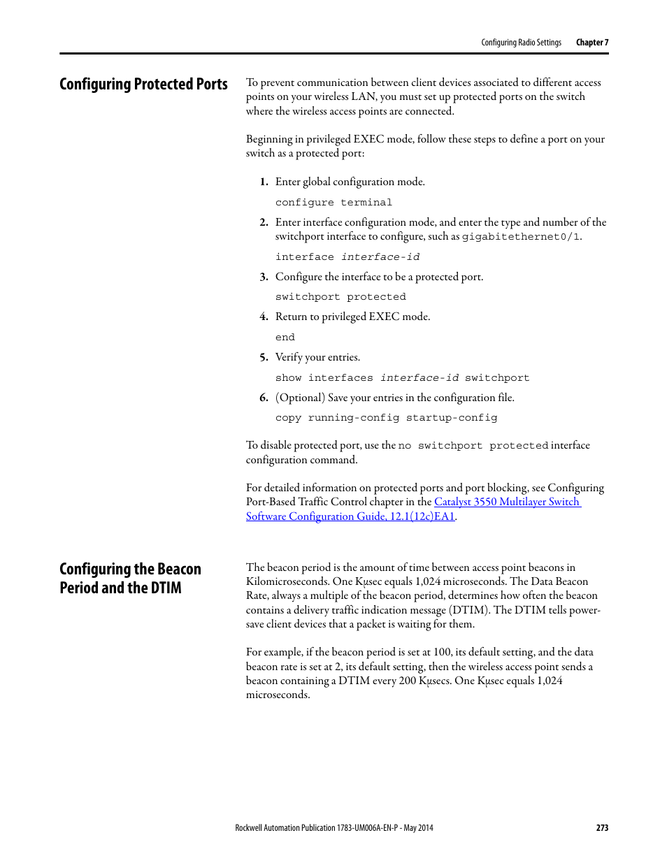 Configuring protected ports, Configuring the beacon period and the dtim | Rockwell Automation 1783-WAPxxx Stratix 5100 Wireless Access Point User Manual User Manual | Page 273 / 612