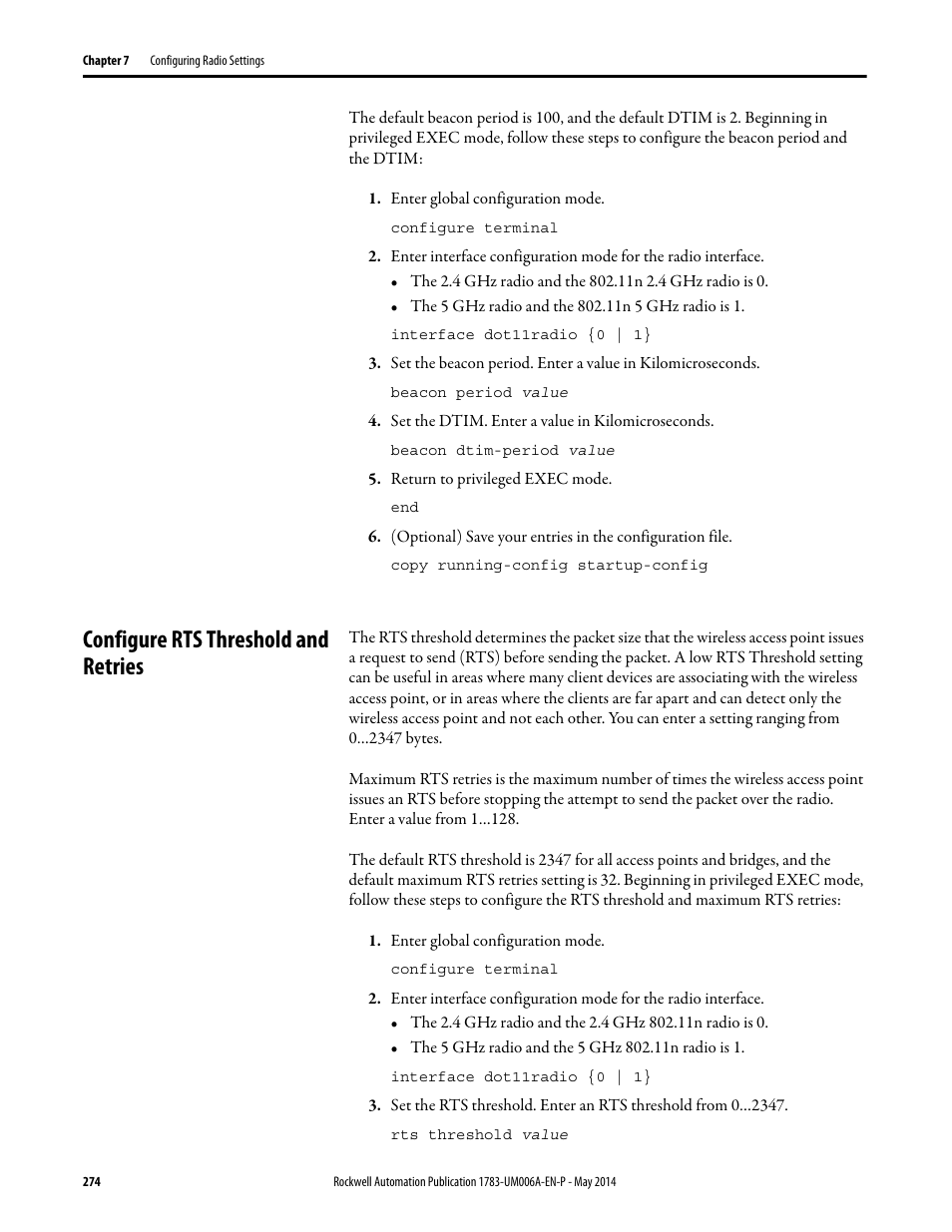 Configure rts threshold and retries | Rockwell Automation 1783-WAPxxx Stratix 5100 Wireless Access Point User Manual User Manual | Page 274 / 612