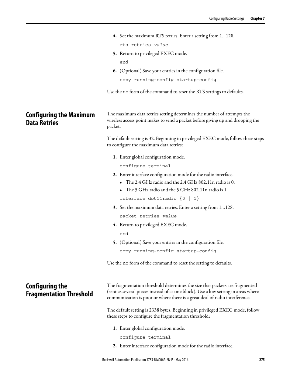 Configuring the maximum data retries, Configuring the fragmentation threshold | Rockwell Automation 1783-WAPxxx Stratix 5100 Wireless Access Point User Manual User Manual | Page 275 / 612