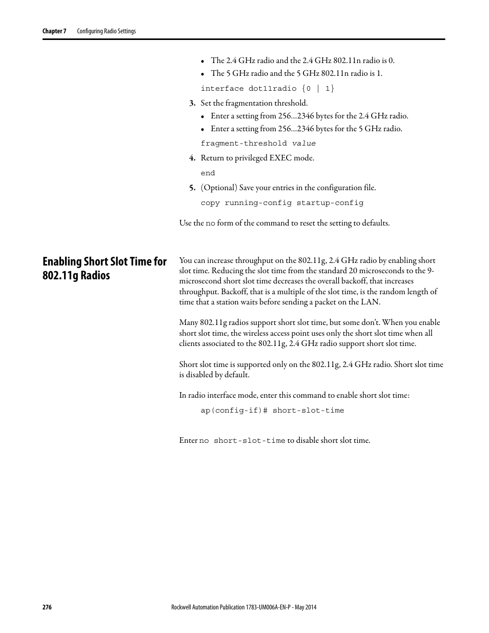 Enabling short slot time for 802.11g radios | Rockwell Automation 1783-WAPxxx Stratix 5100 Wireless Access Point User Manual User Manual | Page 276 / 612