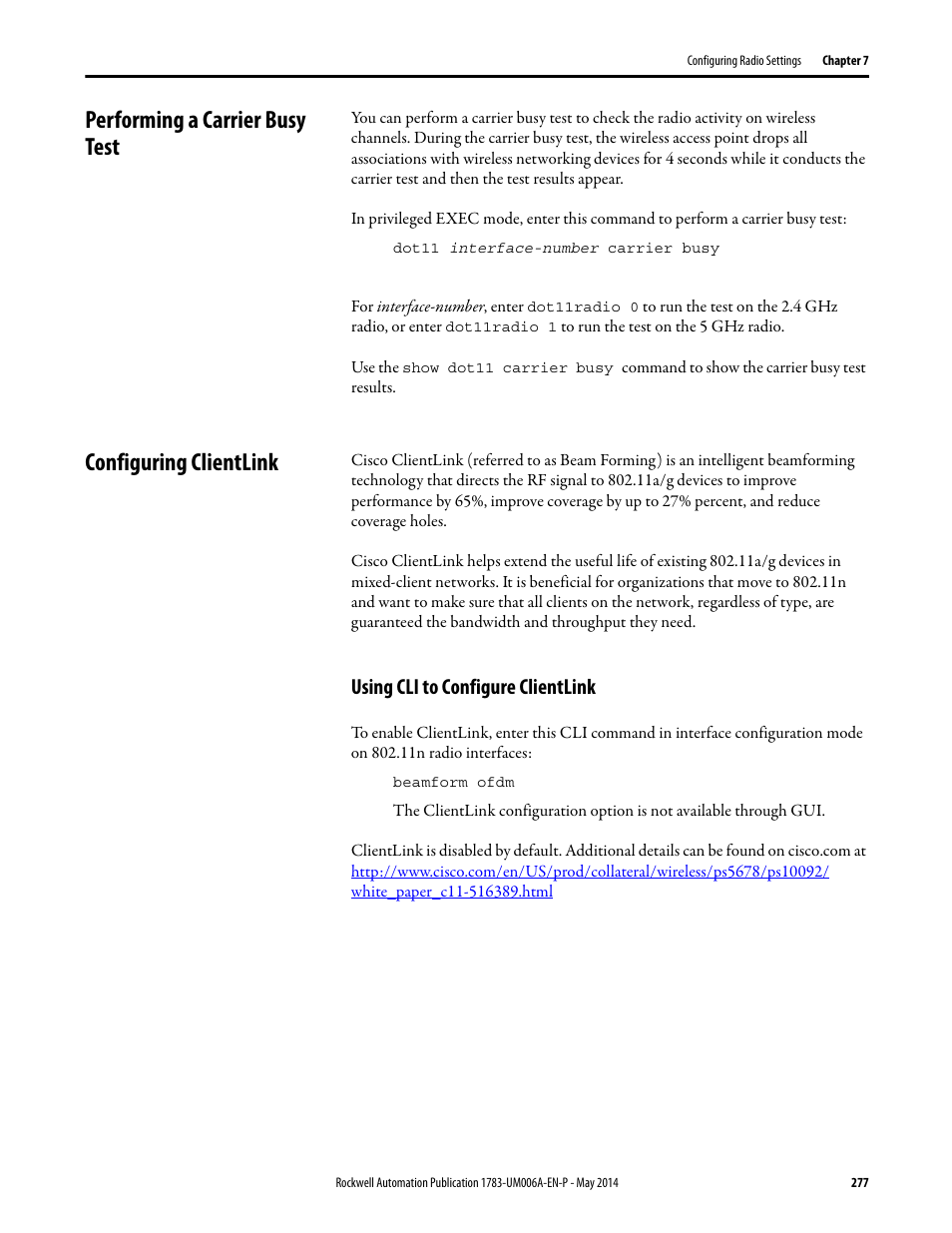 Performing a carrier busy test, Configuring clientlink, Using cli to configure clientlink | Rockwell Automation 1783-WAPxxx Stratix 5100 Wireless Access Point User Manual User Manual | Page 277 / 612