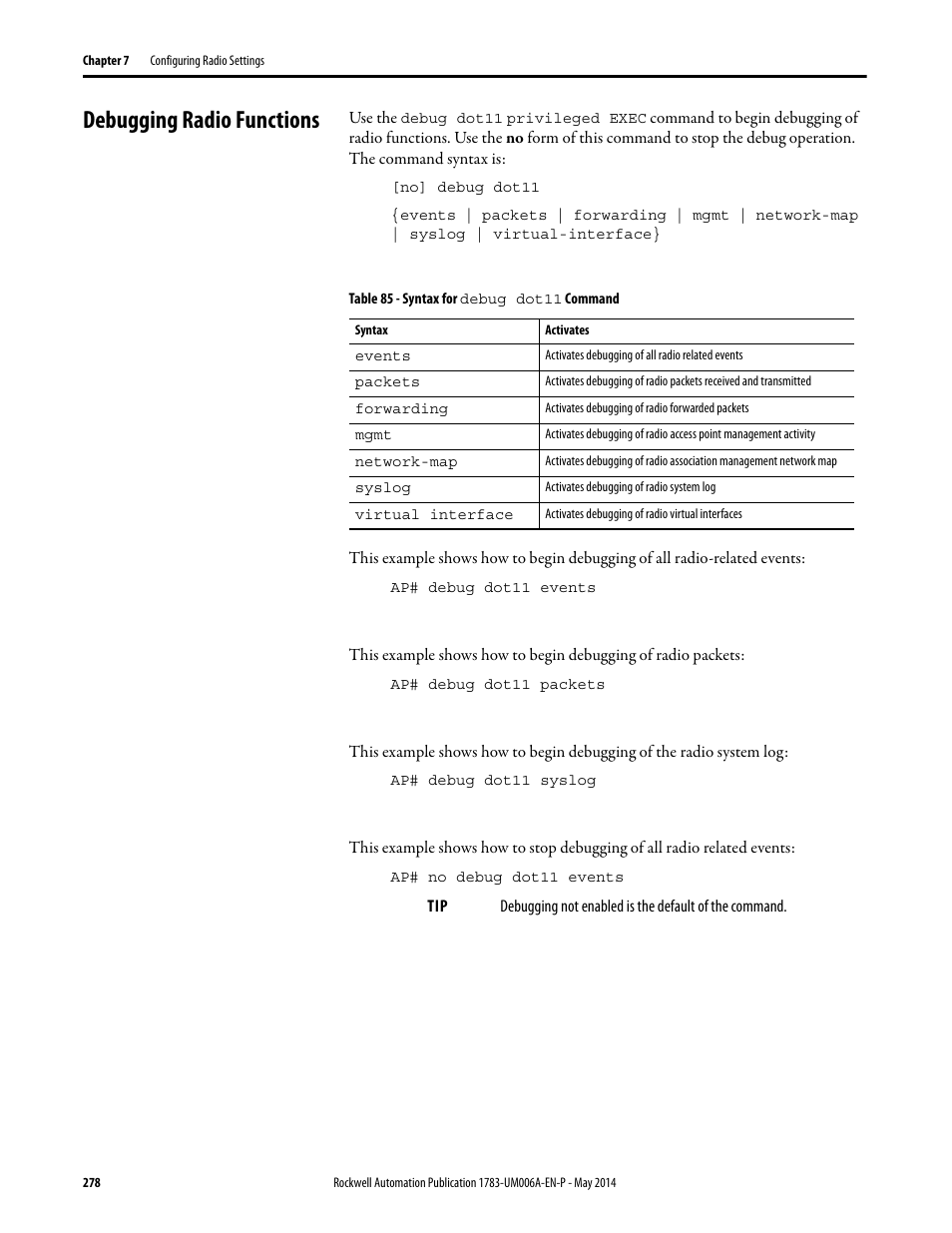 Debugging radio functions | Rockwell Automation 1783-WAPxxx Stratix 5100 Wireless Access Point User Manual User Manual | Page 278 / 612