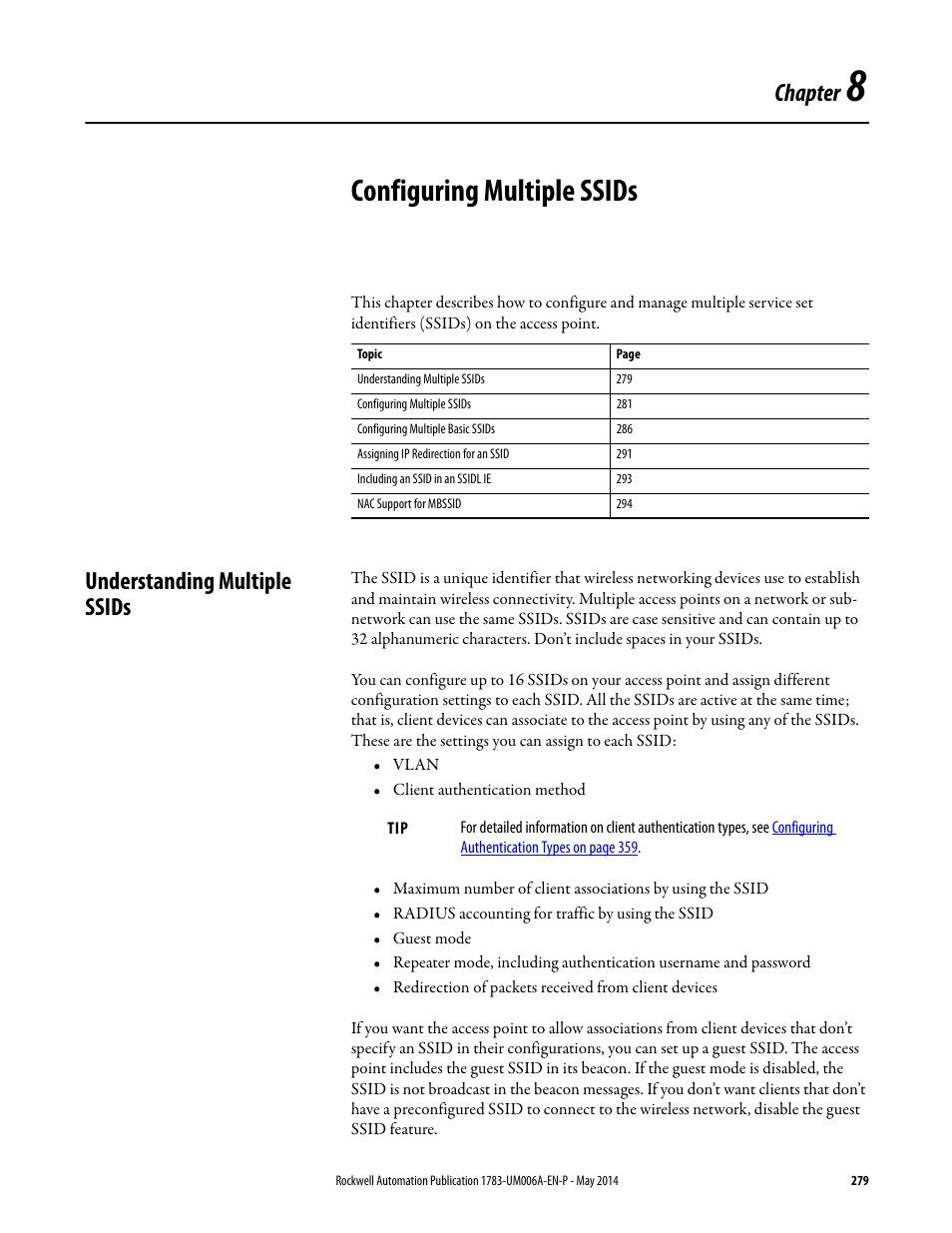 8 - configuring multiple ssids, Understanding multiple ssids, Chapter 8 | Configuring multiple ssids, Chapter 8 configuring multiple ssids, Chapter | Rockwell Automation 1783-WAPxxx Stratix 5100 Wireless Access Point User Manual User Manual | Page 279 / 612