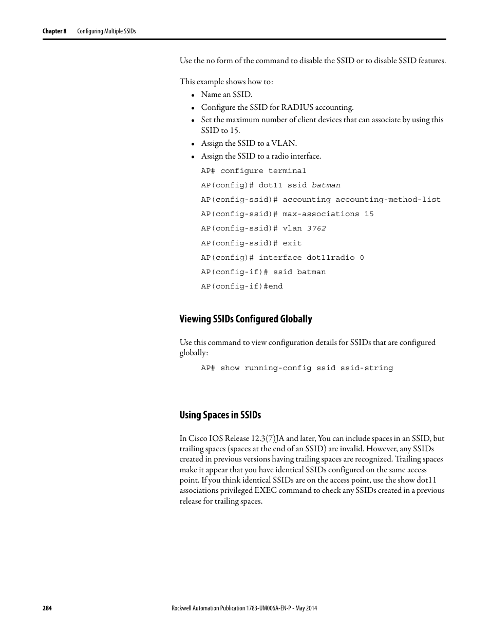 Viewing ssids configured globally, Using spaces in ssids | Rockwell Automation 1783-WAPxxx Stratix 5100 Wireless Access Point User Manual User Manual | Page 284 / 612