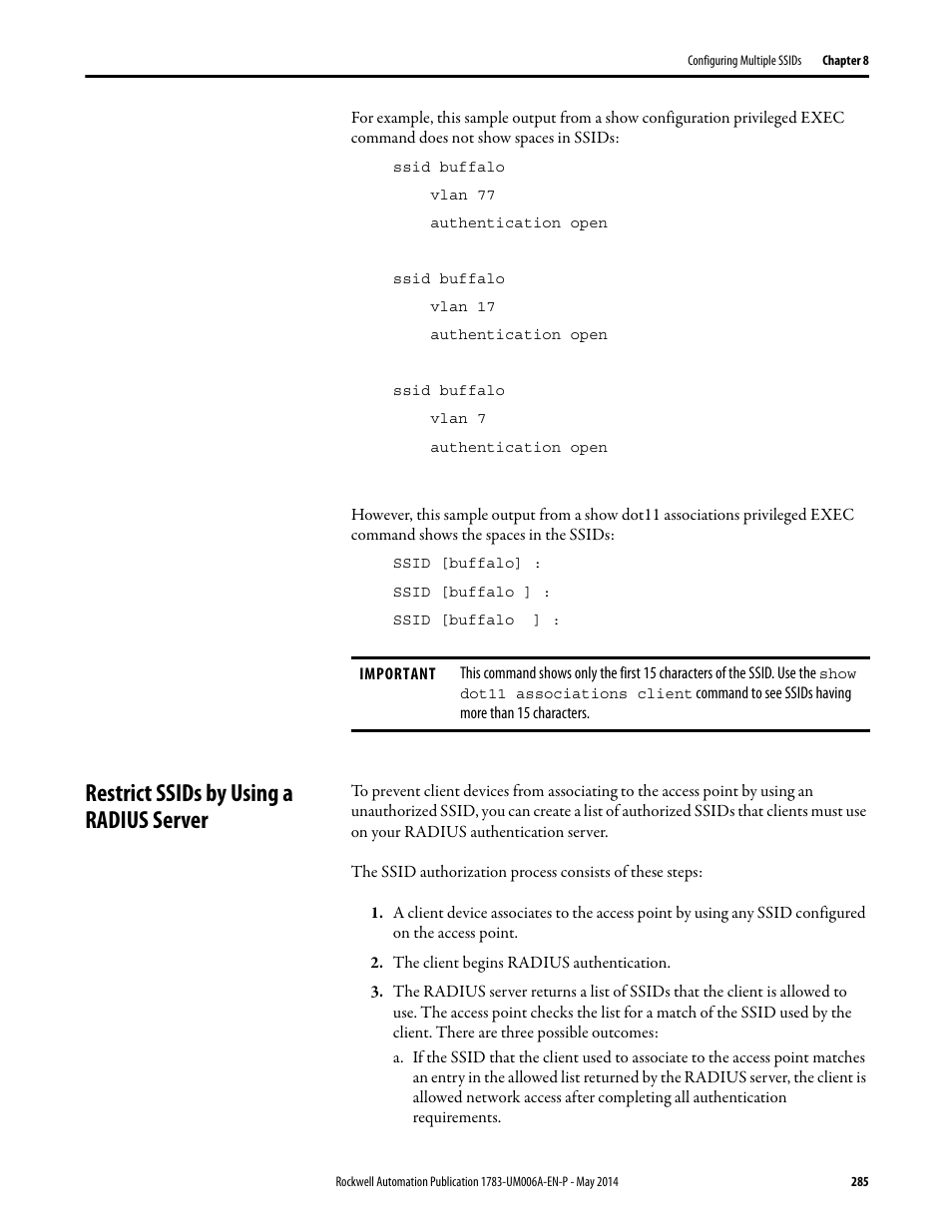 Restrict ssids by using a radius server | Rockwell Automation 1783-WAPxxx Stratix 5100 Wireless Access Point User Manual User Manual | Page 285 / 612