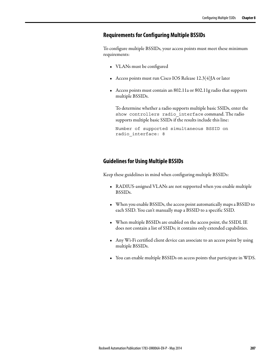 Requirements for configuring multiple bssids, Guidelines for using multiple bssids | Rockwell Automation 1783-WAPxxx Stratix 5100 Wireless Access Point User Manual User Manual | Page 287 / 612