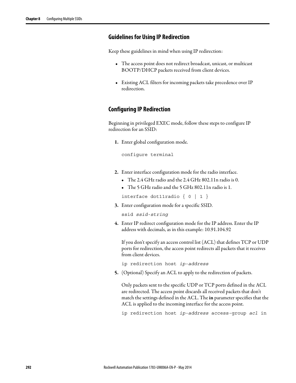 Guidelines for using ip redirection, Configuring ip redirection | Rockwell Automation 1783-WAPxxx Stratix 5100 Wireless Access Point User Manual User Manual | Page 292 / 612