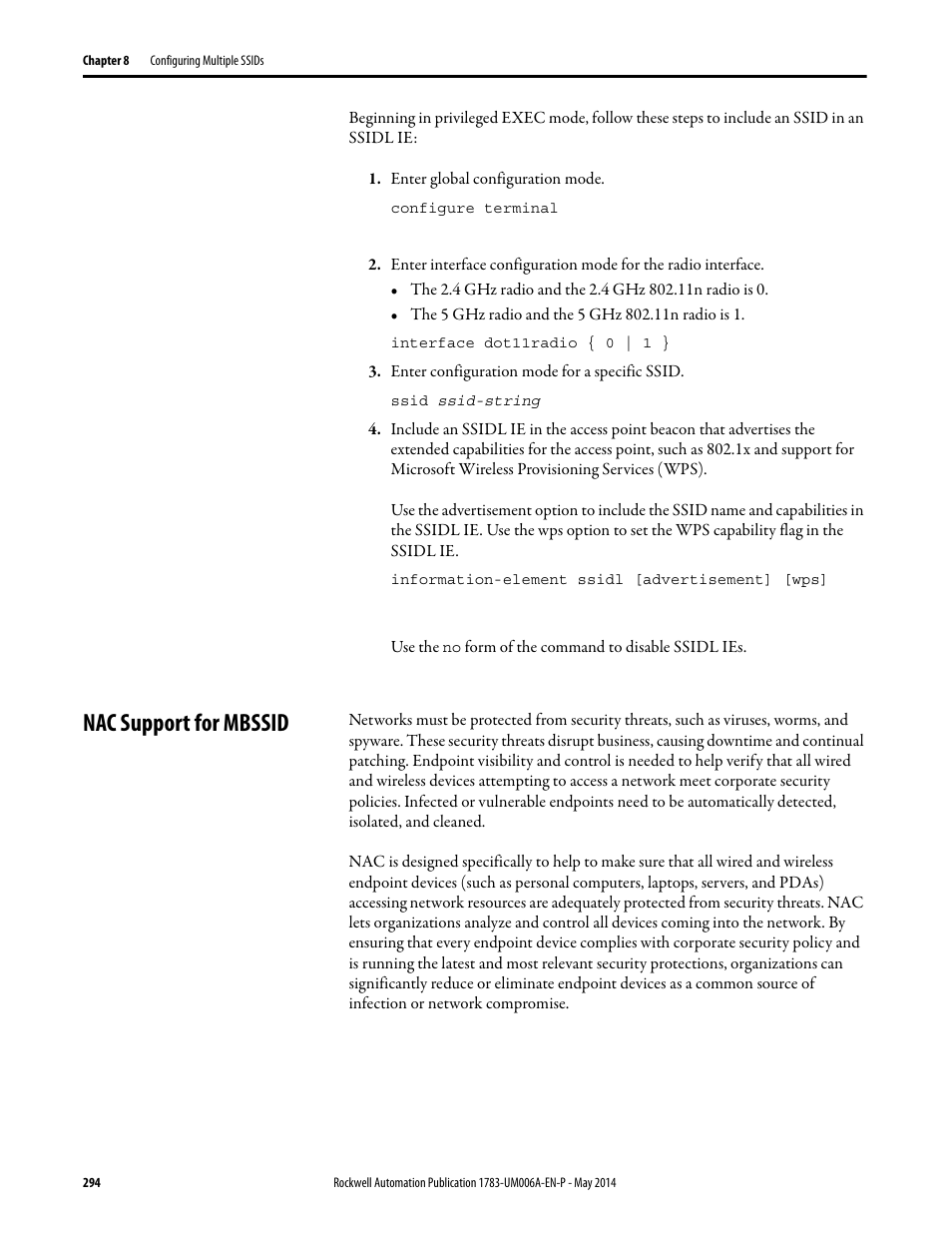 Nac support for mbssid | Rockwell Automation 1783-WAPxxx Stratix 5100 Wireless Access Point User Manual User Manual | Page 294 / 612