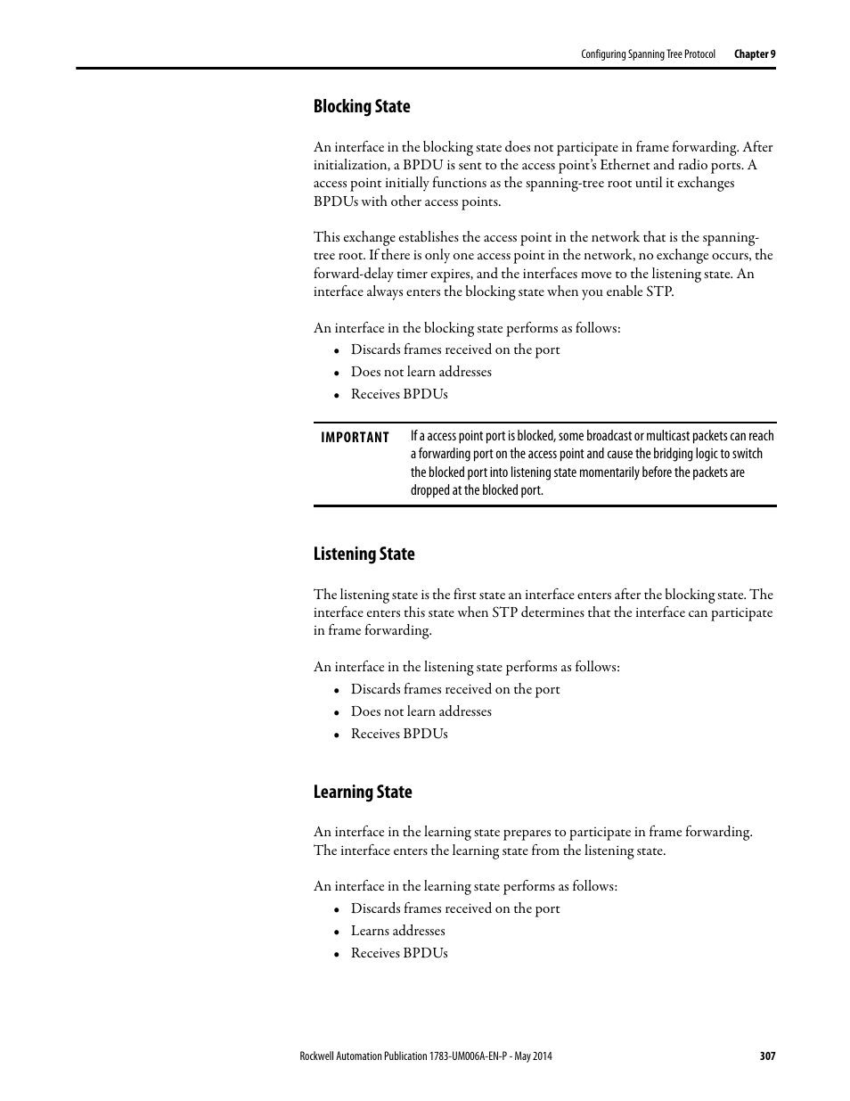 Blocking state, Listening state, Learning state | Blocking state listening state learning state | Rockwell Automation 1783-WAPxxx Stratix 5100 Wireless Access Point User Manual User Manual | Page 307 / 612