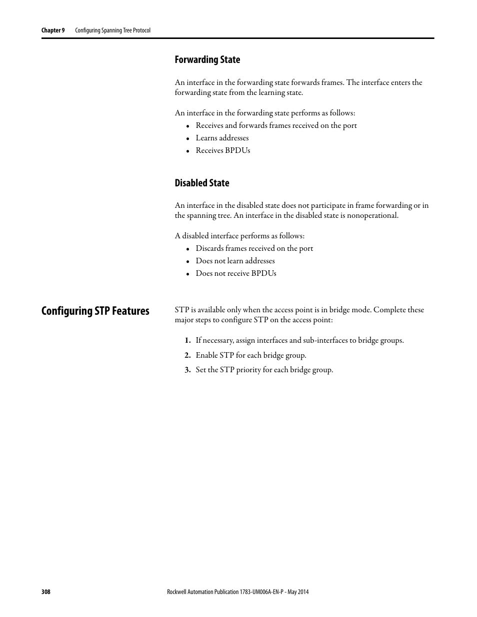 Forwarding state, Disabled state, Configuring stp features | Forwarding state disabled state | Rockwell Automation 1783-WAPxxx Stratix 5100 Wireless Access Point User Manual User Manual | Page 308 / 612